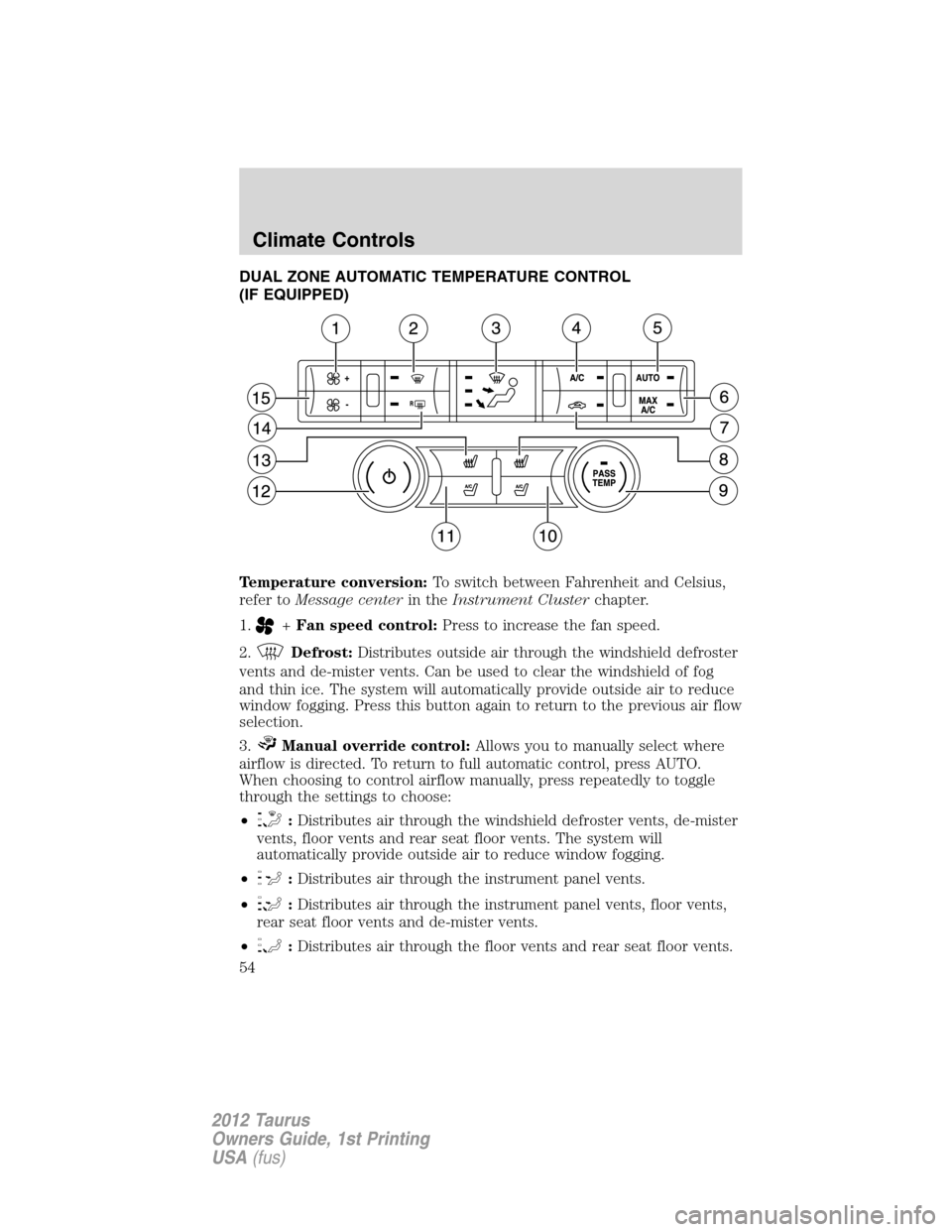 FORD TAURUS 2012 6.G Owners Manual DUAL ZONE AUTOMATIC TEMPERATURE CONTROL
(IF EQUIPPED)
Temperature conversion:To switch between Fahrenheit and Celsius,
refer toMessage centerin theInstrument Clusterchapter.
1.
+Fan speed control:Pres