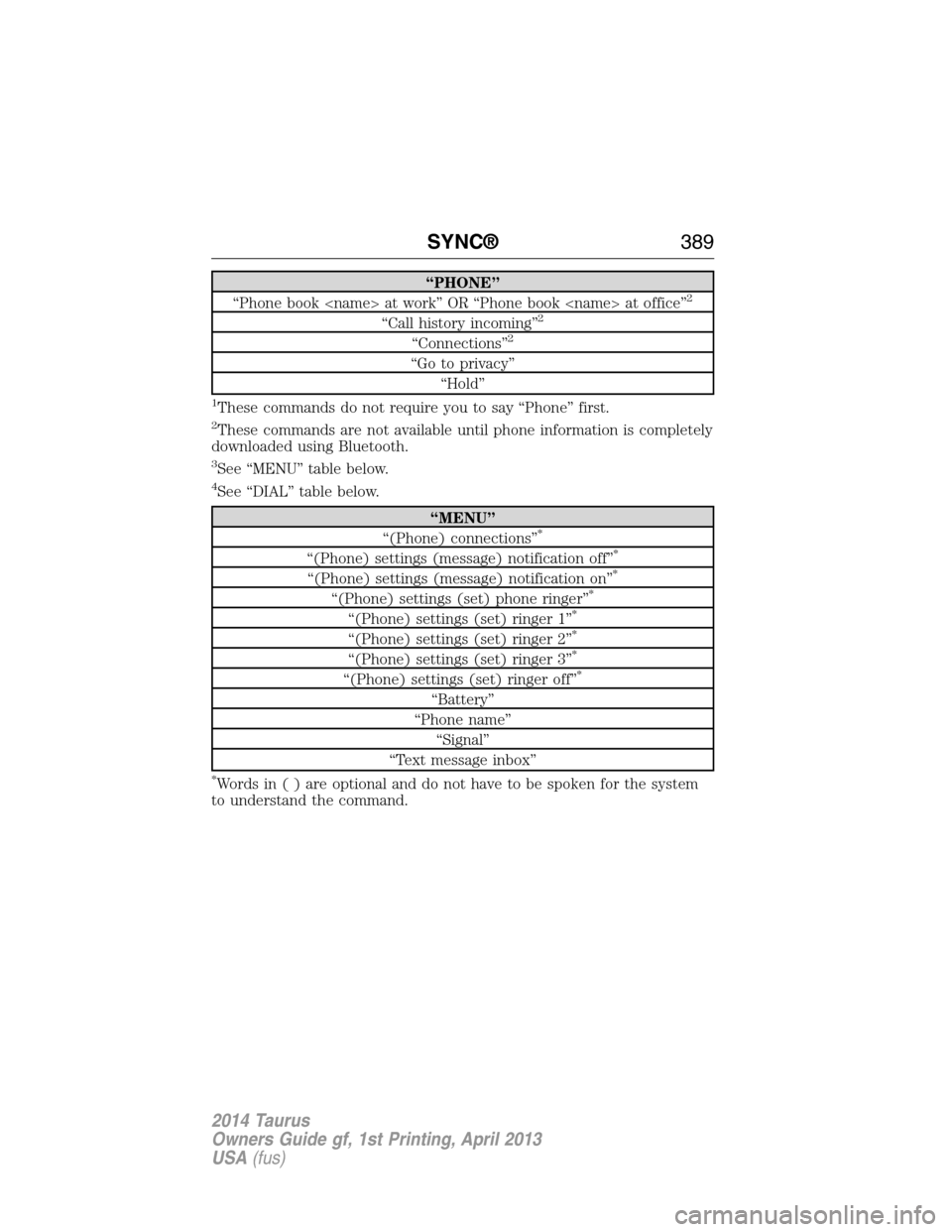 FORD TAURUS 2014 6.G Owners Manual “PHONE”
“Phone book <name> at work” OR “Phone book <name> at office”2
“Call history incoming”2
“Connections”2
“Go to privacy”
“Hold”
1These commands do not require you to s FORD TAURUS 2014 6.G Owners Manual “PHONE”
“Phone book <name> at work” OR “Phone book <name> at office”2
“Call history incoming”2
“Connections”2
“Go to privacy”
“Hold”
1These commands do not require you to s