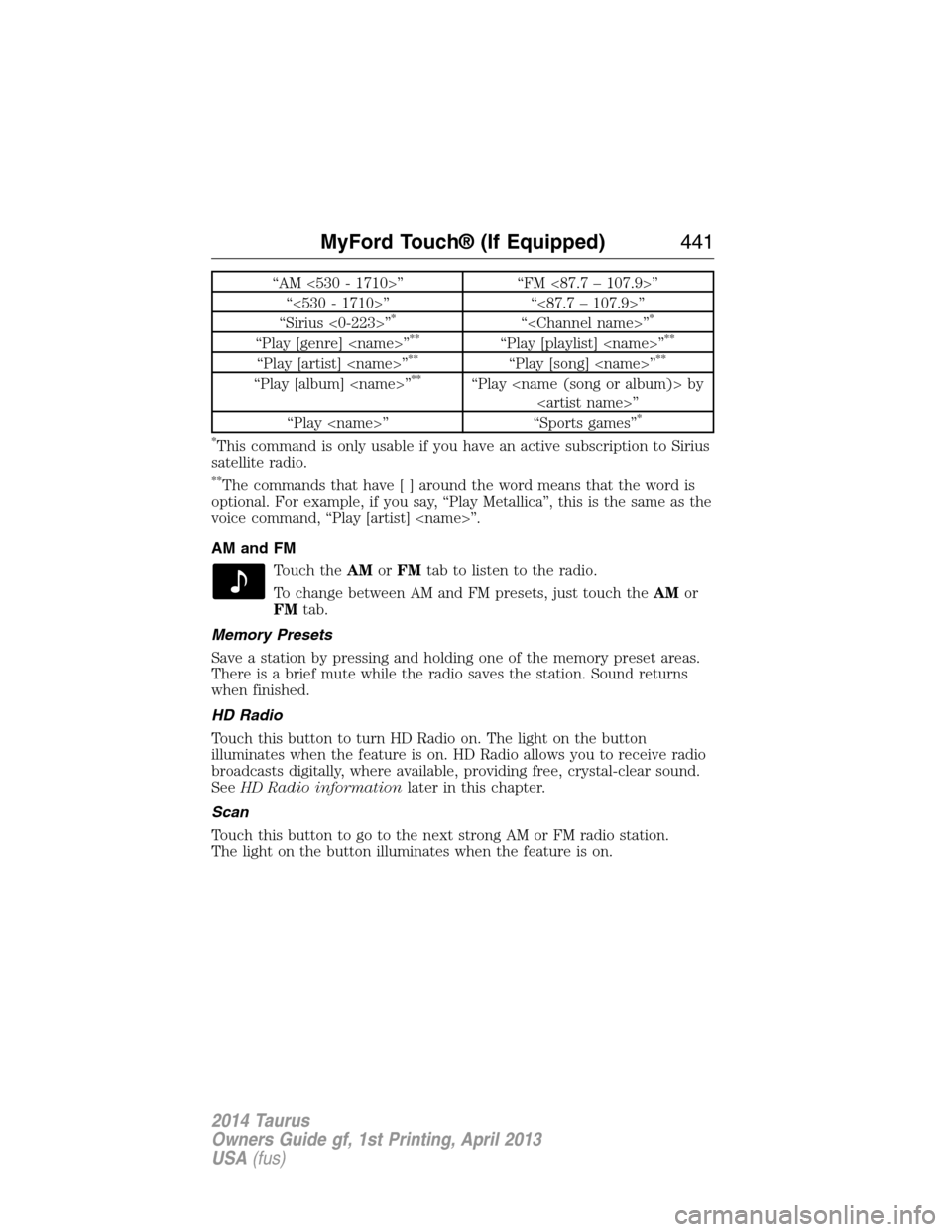 FORD TAURUS 2014 6.G Owners Manual “AM <530 - 1710>” “FM <87.7 – 107.9>”
“<530 - 1710>” “<87.7 – 107.9>”
“Sirius <0-223>”
*“<Channel name>”*
“Play [genre] <name>”**“Play [playlist] <name>”**
“Play 