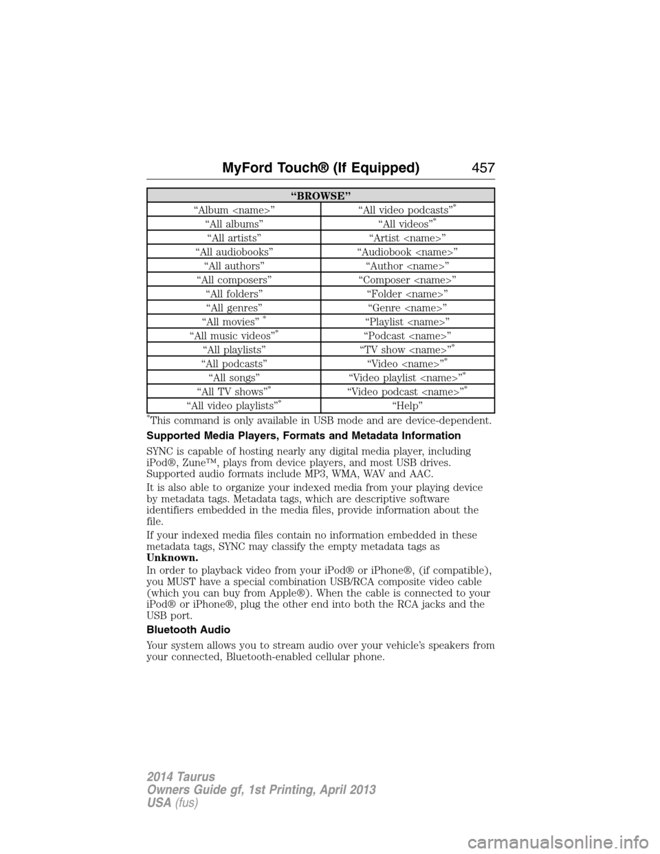 FORD TAURUS 2014 6.G Owners Manual “BROWSE”
“Album <name>” “All video podcasts”*
“All albums” “All videos”*
“All artists” “Artist <name>”
“All audiobooks” “Audiobook <name>”
“All authors” “Auth FORD TAURUS 2014 6.G Owners Manual “BROWSE”
“Album <name>” “All video podcasts”*
“All albums” “All videos”*
“All artists” “Artist <name>”
“All audiobooks” “Audiobook <name>”
“All authors” “Auth