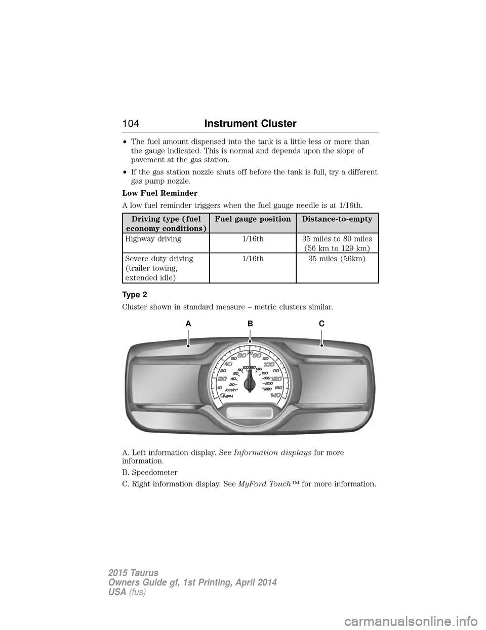 FORD TAURUS 2015 6.G Owners Manual •The fuel amount dispensed into the tank is a little less or more than
the gauge indicated. This is normal and depends upon the slope of
pavement at the gas station.
• If the gas station nozzle sh FORD TAURUS 2015 6.G Owners Manual •The fuel amount dispensed into the tank is a little less or more than
the gauge indicated. This is normal and depends upon the slope of
pavement at the gas station.
• If the gas station nozzle sh