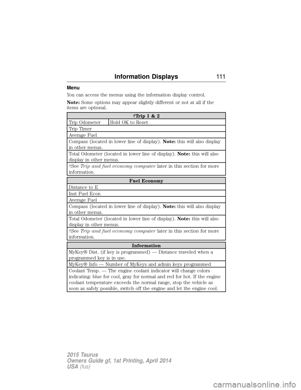 FORD TAURUS 2015 6.G Owners Manual Menu
You can access the menus using the information display control.
Note:Some options may appear slightly different or not at all if the
items are optional.
†Trip 1 & 2
Trip Odometer Hold OK to Res