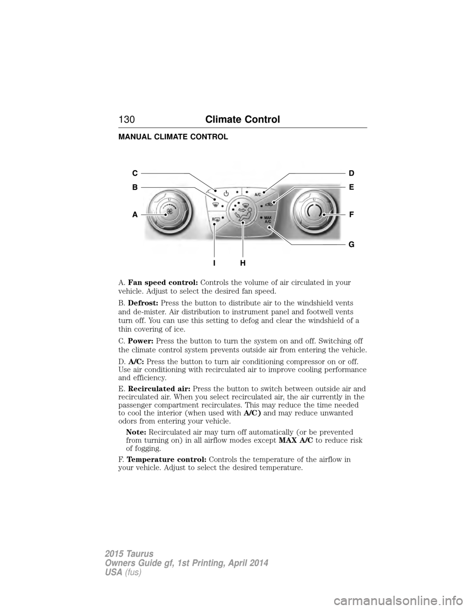 FORD TAURUS 2015 6.G Owners Manual MANUAL CLIMATE CONTROL
A.Fan speed control: Controls the volume of air circulated in your
vehicle. Adjust to select the desired fan speed.
B. Defrost: Press the button to distribute air to the windshi