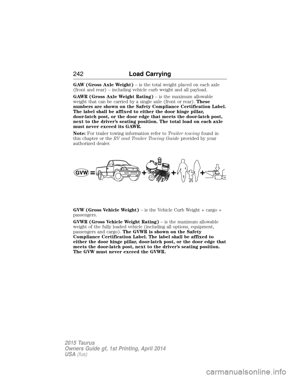 FORD TAURUS 2015 6.G Owners Manual GAW (Gross Axle Weight)– is the total weight placed on each axle
(front and rear) – including vehicle curb weight and all payload.
GAWR (Gross Axle Weight Rating) – is the maximum allowable
weig FORD TAURUS 2015 6.G Owners Manual GAW (Gross Axle Weight)– is the total weight placed on each axle
(front and rear) – including vehicle curb weight and all payload.
GAWR (Gross Axle Weight Rating) – is the maximum allowable
weig