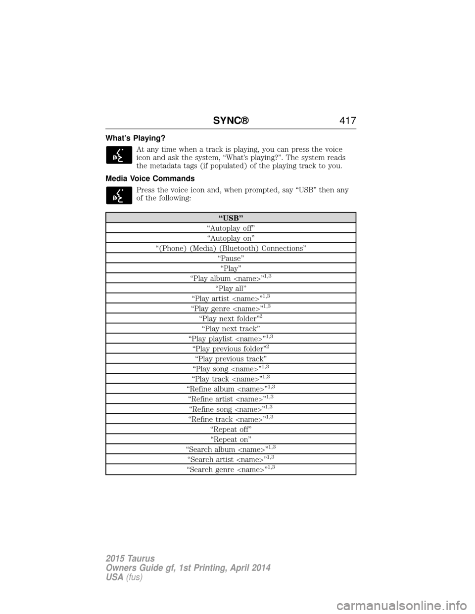 FORD TAURUS 2015 6.G Owners Manual What’s Playing?At any time when a track is playing, you can press the voice
icon and ask the system, “What’s playing?”. The system reads
the metadata tags (if populated) of the playing track t FORD TAURUS 2015 6.G Owners Manual What’s Playing?At any time when a track is playing, you can press the voice
icon and ask the system, “What’s playing?”. The system reads
the metadata tags (if populated) of the playing track t