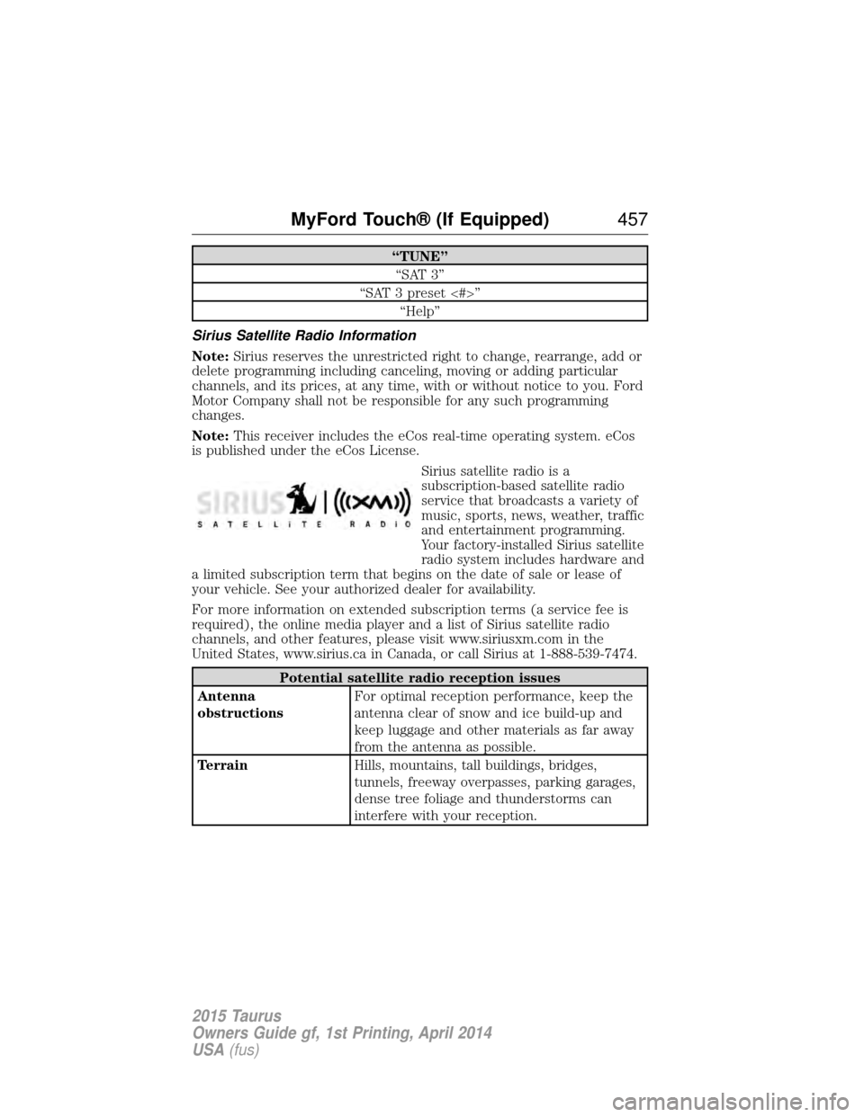 FORD TAURUS 2015 6.G Owners Manual “TUNE”“SAT 3”
“SAT 3 preset <#>” “Help”
Sirius Satellite Radio Information
Note: Sirius reserves the unrestricted right to change, rearrange, add or
delete programming including cancel FORD TAURUS 2015 6.G Owners Manual “TUNE”“SAT 3”
“SAT 3 preset <#>” “Help”
Sirius Satellite Radio Information
Note: Sirius reserves the unrestricted right to change, rearrange, add or
delete programming including cancel