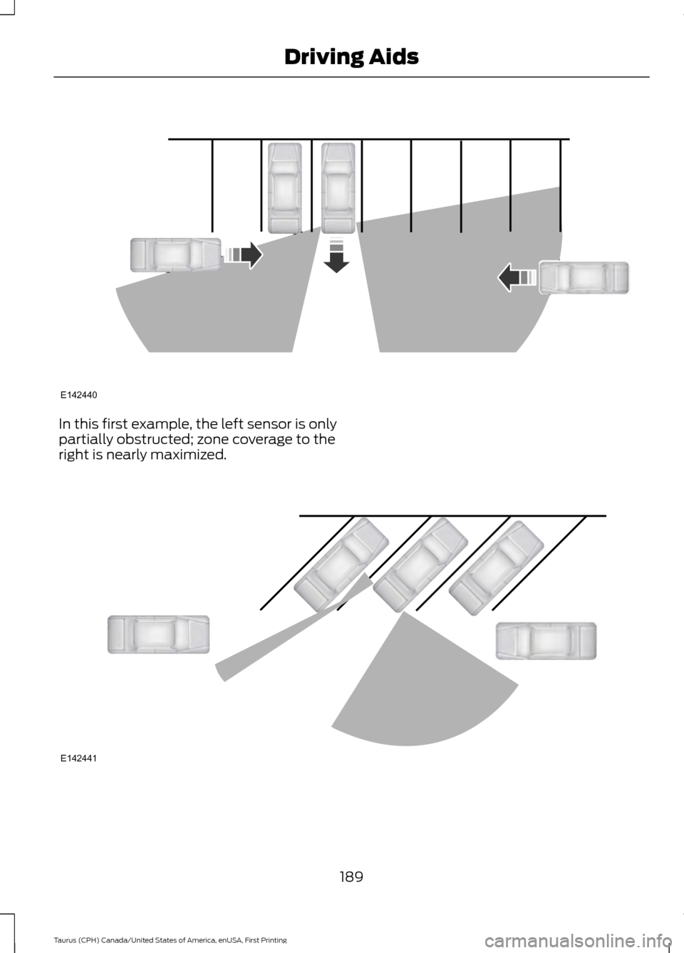 FORD TAURUS 2016 6.G Owners Manual In this first example, the left sensor is only
partially obstructed; zone coverage to the
right is nearly maximized.
189
Taurus (CPH) Canada/United States of America, enUSA, First Printing Driving Aid FORD TAURUS 2016 6.G Owners Manual In this first example, the left sensor is only
partially obstructed; zone coverage to the
right is nearly maximized.
189
Taurus (CPH) Canada/United States of America, enUSA, First Printing Driving Aid