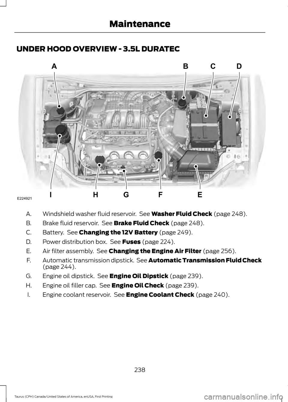 FORD TAURUS 2016 6.G Owners Manual UNDER HOOD OVERVIEW - 3.5L DURATEC
Windshield washer fluid reservoir. See Washer Fluid Check (page 248).
A.
Brake fluid reservoir. See
Brake Fluid Check (page 248).
B.
Battery. See
Changing the 1 FORD TAURUS 2016 6.G Owners Manual UNDER HOOD OVERVIEW - 3.5L DURATEC
Windshield washer fluid reservoir. See Washer Fluid Check (page 248).
A.
Brake fluid reservoir. See
Brake Fluid Check (page 248).
B.
Battery. See
Changing the 1