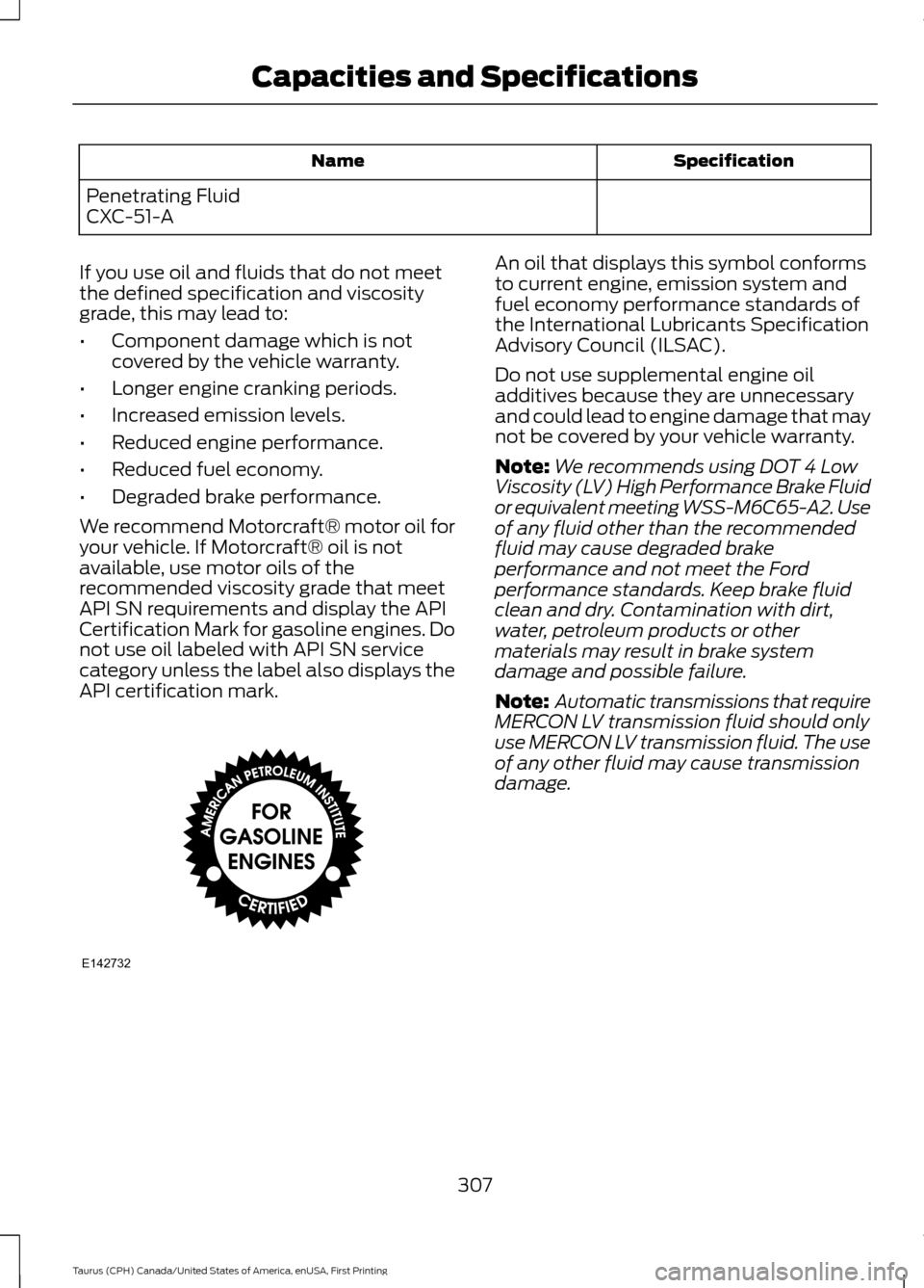 FORD TAURUS 2016 6.G Owners Manual Specification
Name
Penetrating Fluid
CXC-51-A
If you use oil and fluids that do not meet
the defined specification and viscosity
grade, this may lead to:
• Component damage which is not
covered by t FORD TAURUS 2016 6.G Owners Manual Specification
Name
Penetrating Fluid
CXC-51-A
If you use oil and fluids that do not meet
the defined specification and viscosity
grade, this may lead to:
• Component damage which is not
covered by t