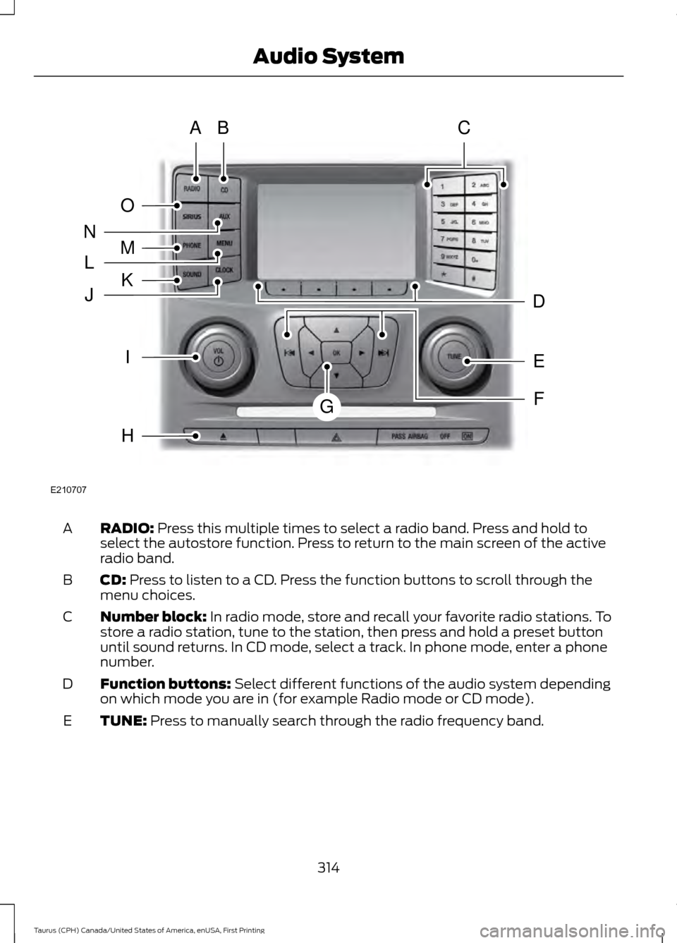 FORD TAURUS 2016 6.G Owners Manual RADIO: Press this multiple times to select a radio band. Press and hold to
select the autostore function. Press to return to the main screen of the active
radio band.
A
CD:
Press to listen to a CD. P FORD TAURUS 2016 6.G Owners Manual RADIO: Press this multiple times to select a radio band. Press and hold to
select the autostore function. Press to return to the main screen of the active
radio band.
A
CD:
Press to listen to a CD. P