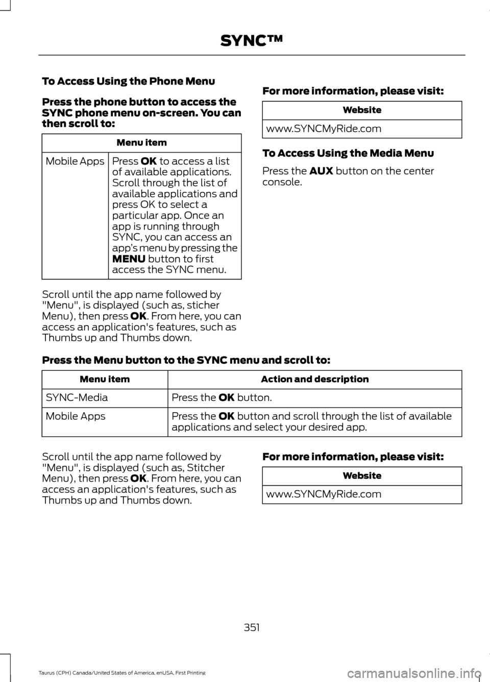 FORD TAURUS 2016 6.G Owners Manual To Access Using the Phone Menu
Press the phone button to access the
SYNC phone menu on-screen. You can
then scroll to:
Menu item
Press OK to access a list
of available applications.
Mobile Apps
Scroll FORD TAURUS 2016 6.G Owners Manual To Access Using the Phone Menu
Press the phone button to access the
SYNC phone menu on-screen. You can
then scroll to:
Menu item
Press OK to access a list
of available applications.
Mobile Apps
Scroll