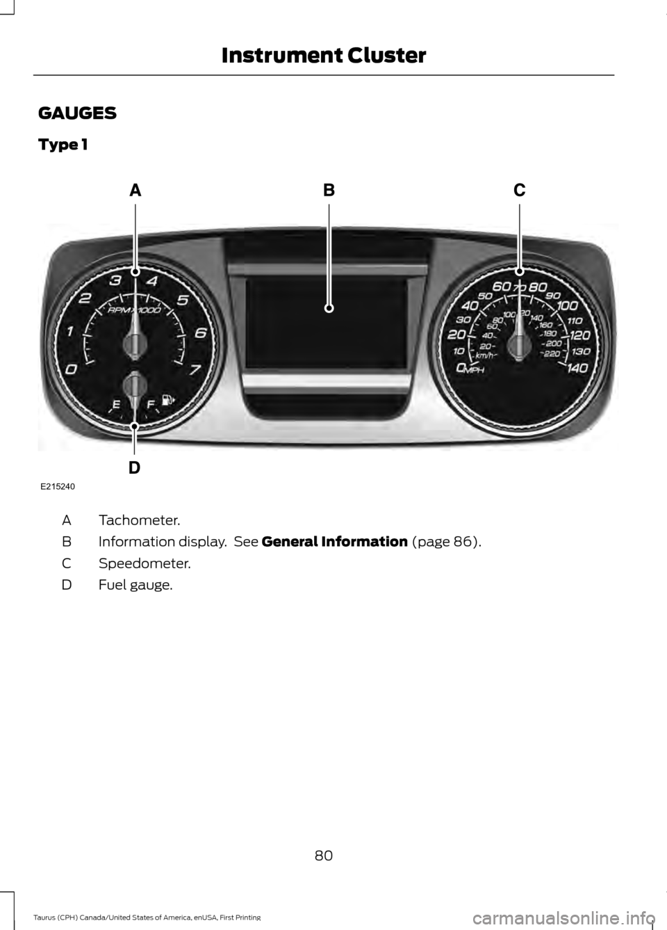 FORD TAURUS 2016 6.G Manual Online GAUGES
Type 1
Tachometer.
A
Information display.  See General Information (page 86).
B
Speedometer.
C
Fuel gauge.
D
80
Taurus (CPH) Canada/United States of America, enUSA, First Printing Instrument Cl