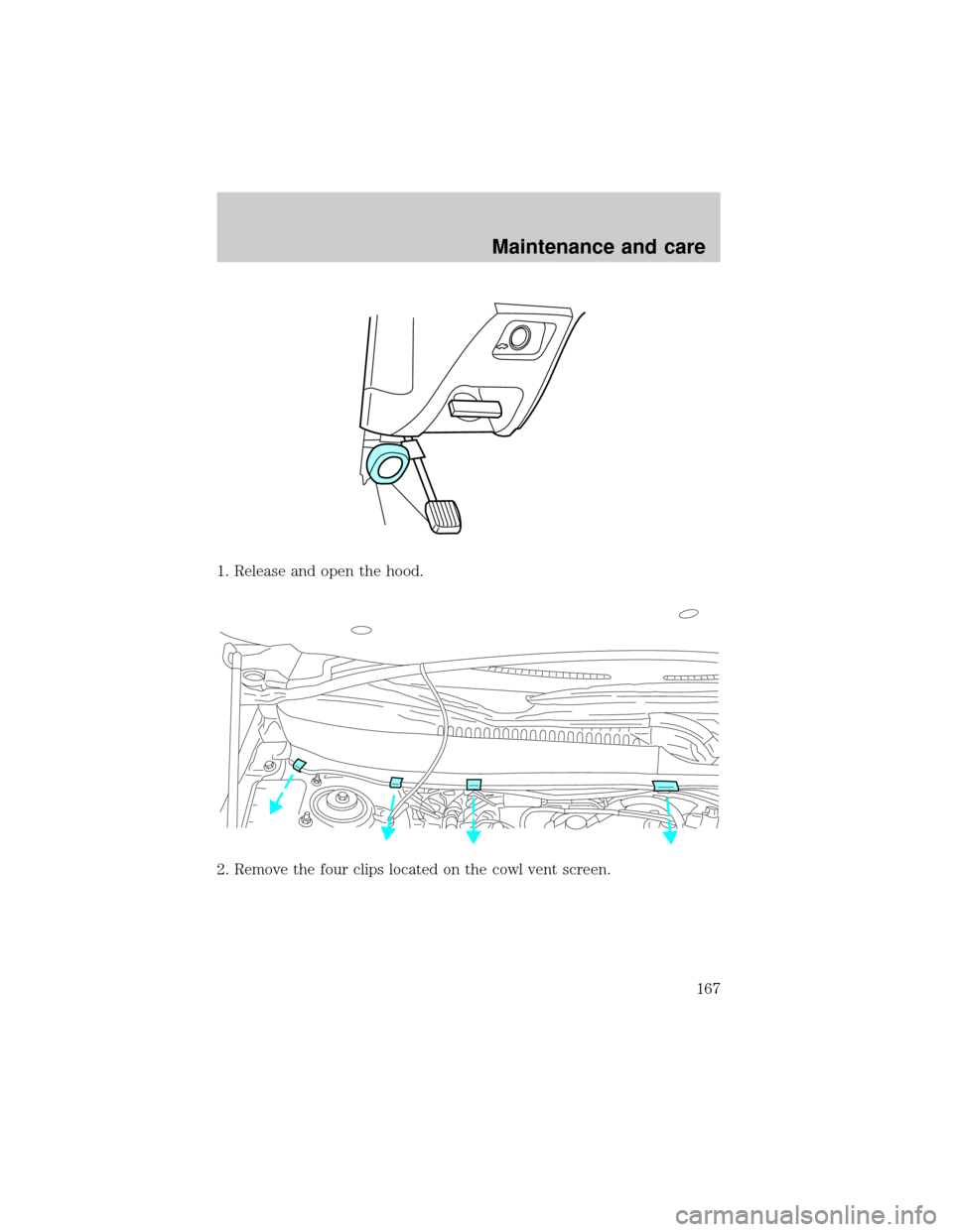 FORD TAURUS 2000 4.G Owners Manual 1. Release and open the hood.
2. Remove the four clips located on the cowl vent screen.
Maintenance and care
167 