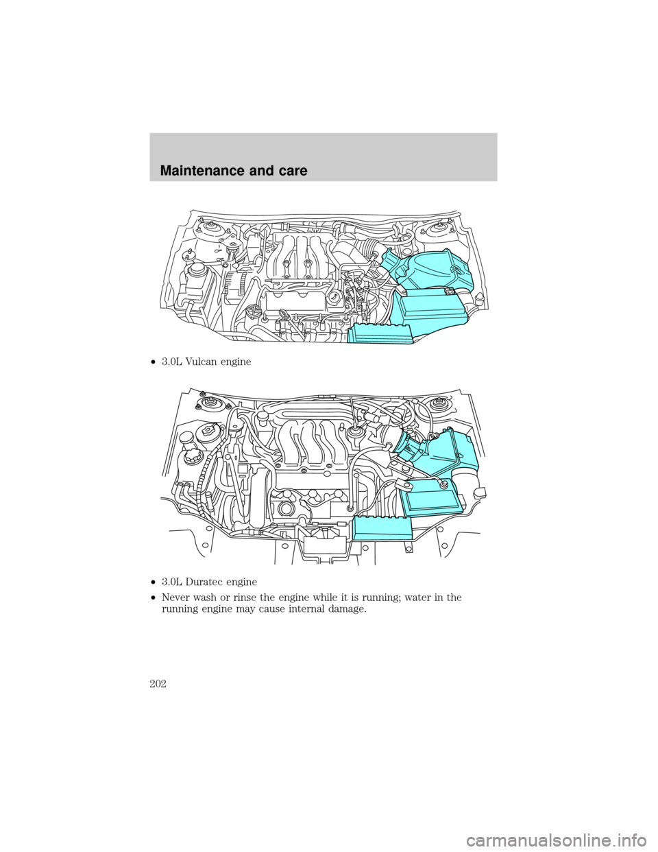FORD TAURUS 2000 4.G Owners Manual ²3.0L Vulcan engine
²3.0L Duratec engine
²Never wash or rinse the engine while it is running; water in the
running engine may cause internal damage.
Maintenance and care
202 FORD TAURUS 2000 4.G Owners Manual ²3.0L Vulcan engine
²3.0L Duratec engine
²Never wash or rinse the engine while it is running; water in the
running engine may cause internal damage.
Maintenance and care
202