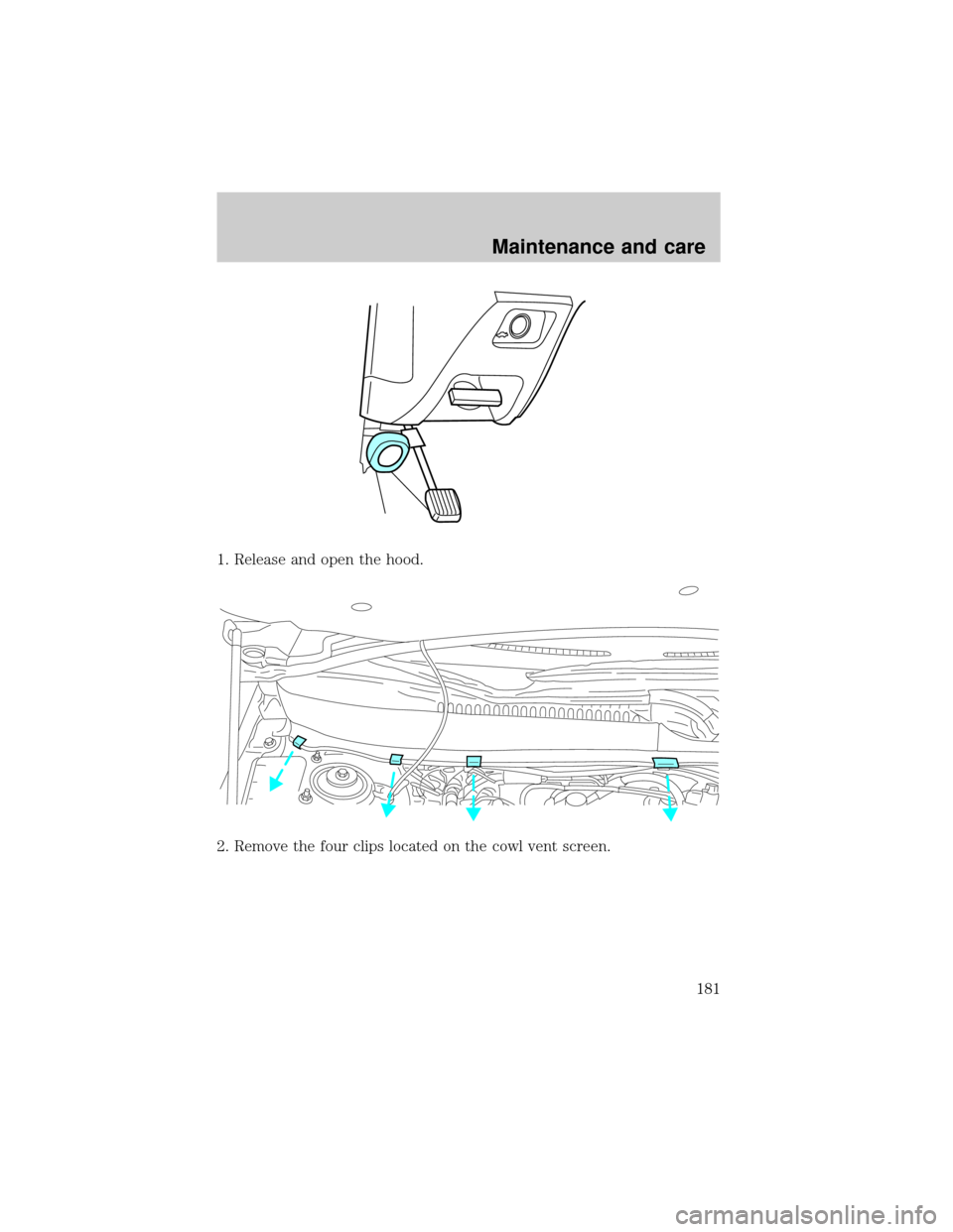 FORD TAURUS 2001 4.G Owners Manual 1. Release and open the hood.
2. Remove the four clips located on the cowl vent screen.
Maintenance and care
181 