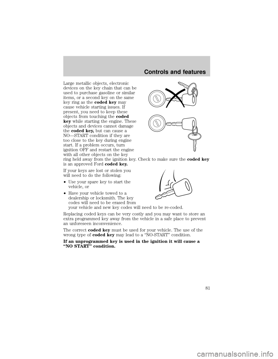 FORD TAURUS 2001 4.G Manual Online Large metallic objects, electronic
devices on the key chain that can be
used to purchase gasoline or similar
items, or a second key on the same
key ring as thecoded keymay
cause vehicle starting issue