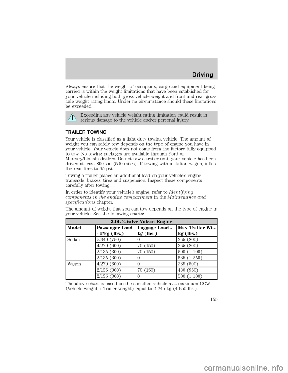 FORD TAURUS 2002 4.G Owners Manual Always ensure that the weight of occupants, cargo and equipment being
carried is within the weight limitations that have been established for
your vehicle including both gross vehicle weight and front