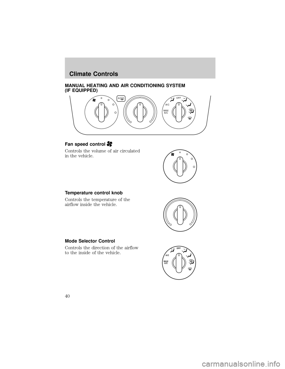 FORD TAURUS 2002 4.G Owners Manual MANUAL HEATING AND AIR CONDITIONING SYSTEM
(IF EQUIPPED)
Fan speed control
Controls the volume of air circulated
in the vehicle.
Temperature control knob
Controls the temperature of the
airflow inside