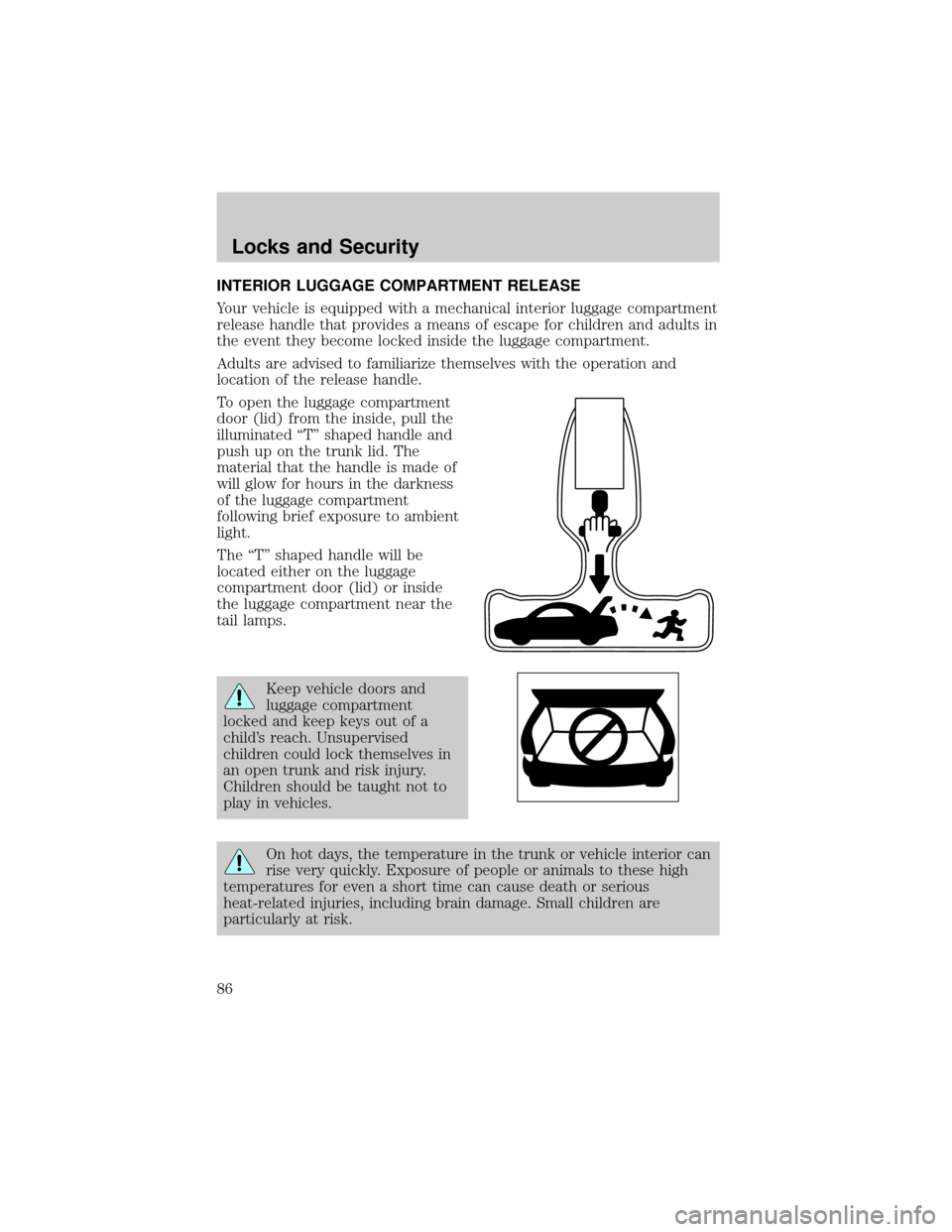 FORD TAURUS 2002 4.G Owners Manual INTERIOR LUGGAGE COMPARTMENT RELEASE
Your vehicle is equipped with a mechanical interior luggage compartment
release handle that provides a means of escape for children and adults in
the event they be