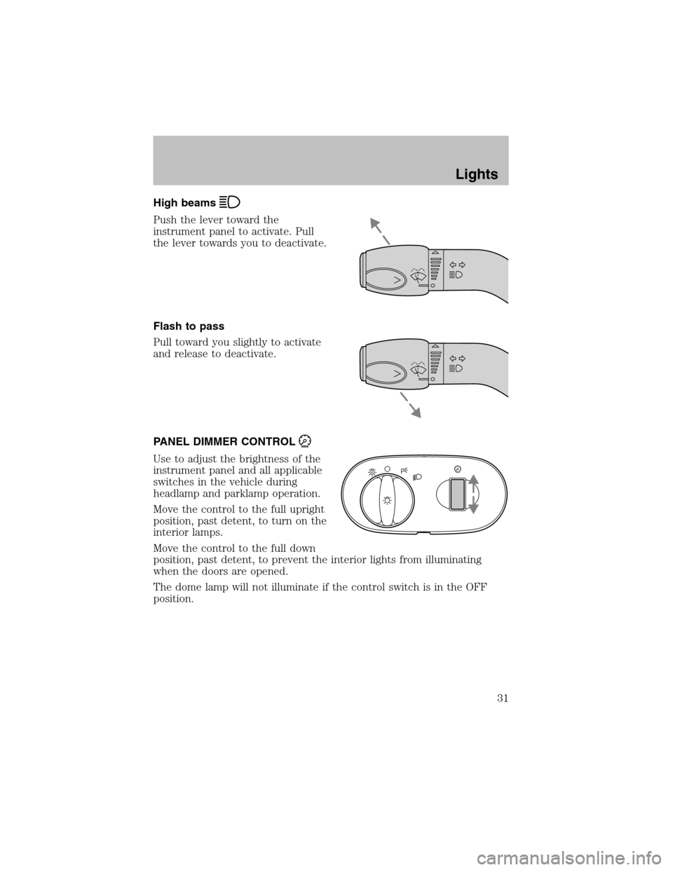 FORD TAURUS 2003 4.G Owners Manual High beams
Push the lever toward the
instrument panel to activate. Pull
the lever towards you to deactivate.
Flash to pass
Pull toward you slightly to activate
and release to deactivate.
PANEL DIMMER 