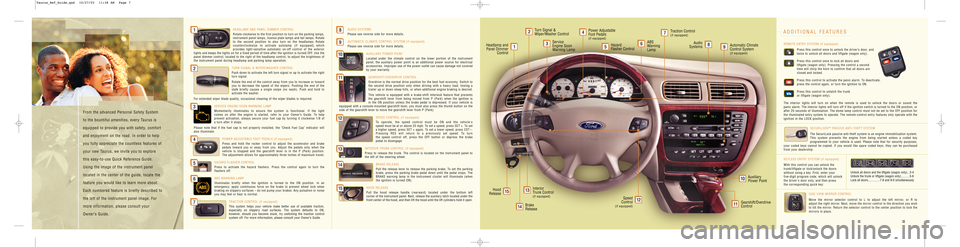 FORD TAURUS 2003 4.G Quick Reference Guide AUDIO SYSTEMS
Please see reverse side for more details.
AUTOMATIC CLIMATE CONTROL SYSTEM (if equipped)
Please see reverse side for more details.
AUXILIARY POWER POINT
Located under the climate control FORD TAURUS 2003 4.G Quick Reference Guide AUDIO SYSTEMS
Please see reverse side for more details.
AUTOMATIC CLIMATE CONTROL SYSTEM (if equipped)
Please see reverse side for more details.
AUXILIARY POWER POINT
Located under the climate control