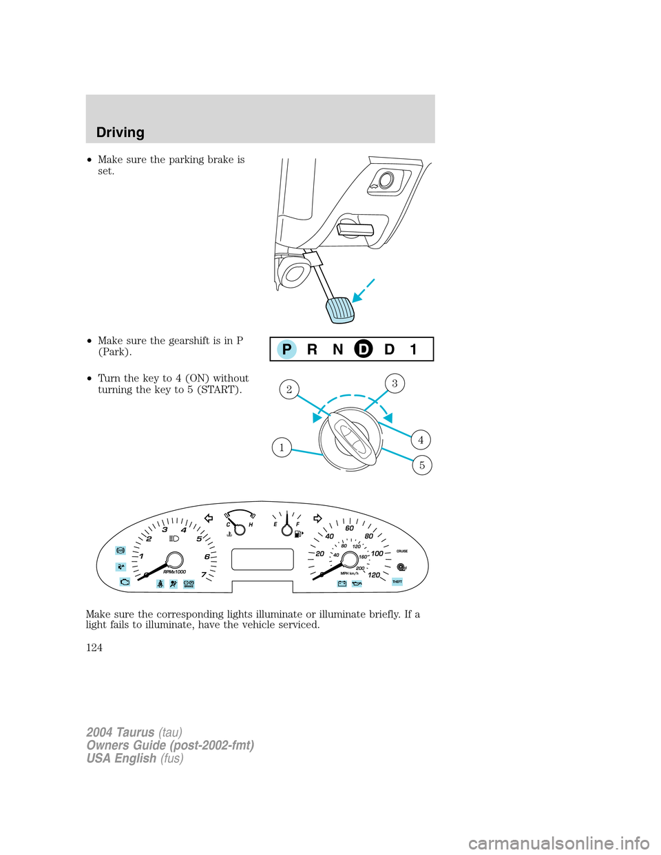 FORD TAURUS 2004 4.G Owners Manual •Make sure the parking brake is
set.
•Make sure the gearshift is in P
(Park).
•Turn the key to 4 (ON) without
turning the key to 5 (START).
Make sure the corresponding lights illuminate or illum