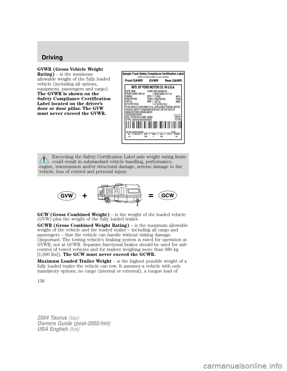 FORD TAURUS 2004 4.G Owners Manual GVWR (Gross Vehicle Weight
Rating)–is the maximum
allowable weight of the fully loaded
vehicle (including all options,
equipment, passengers and cargo).
The GVWR is shown on the
Safety Compliance Ce FORD TAURUS 2004 4.G Owners Manual GVWR (Gross Vehicle Weight
Rating)–is the maximum
allowable weight of the fully loaded
vehicle (including all options,
equipment, passengers and cargo).
The GVWR is shown on the
Safety Compliance Ce