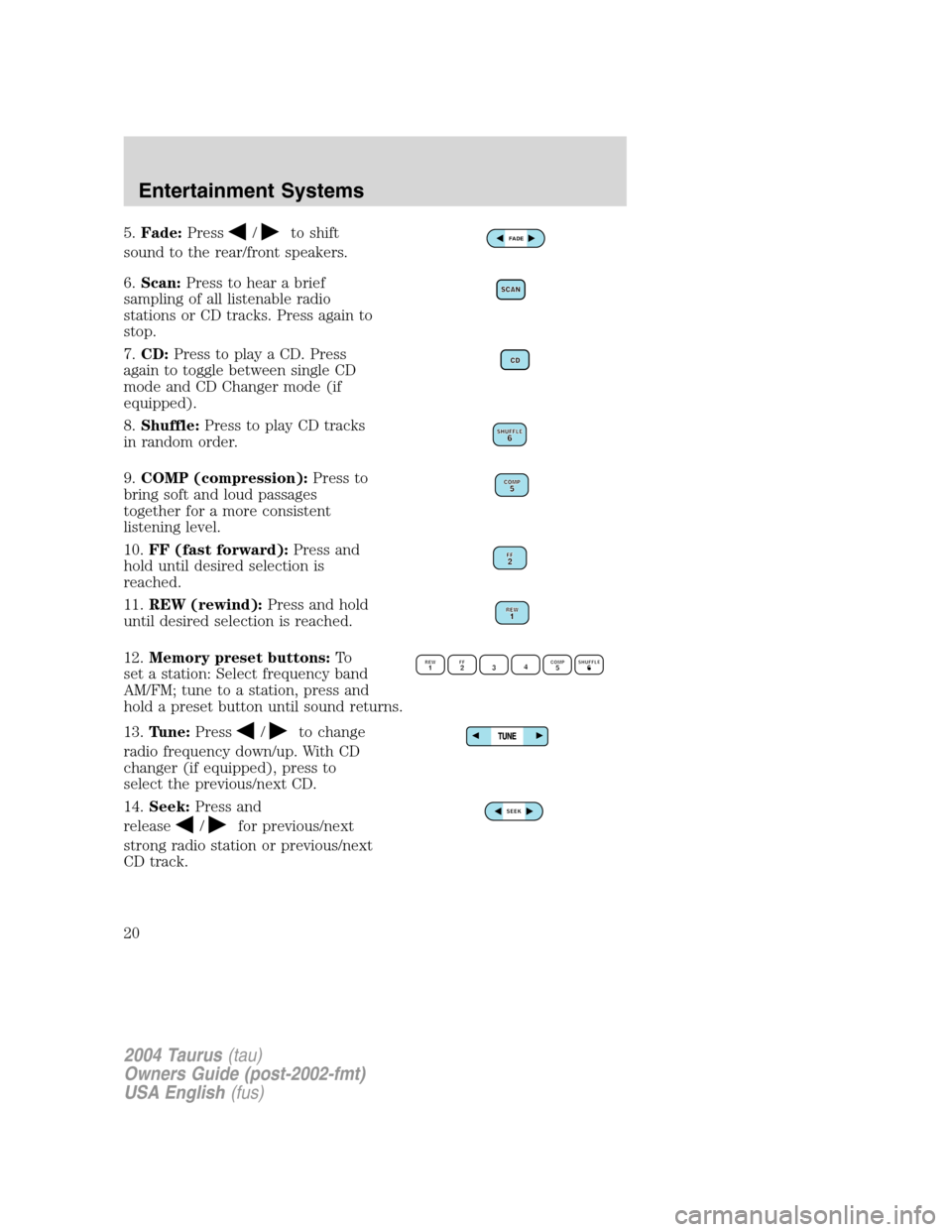 FORD TAURUS 2004 4.G User Guide 5.Fade:Press/to shift
sound to the rear/front speakers.
6.Scan:Press to hear a brief
sampling of all listenable radio
stations or CD tracks. Press again to
stop.
7.CD:Press to play a CD. Press
again t