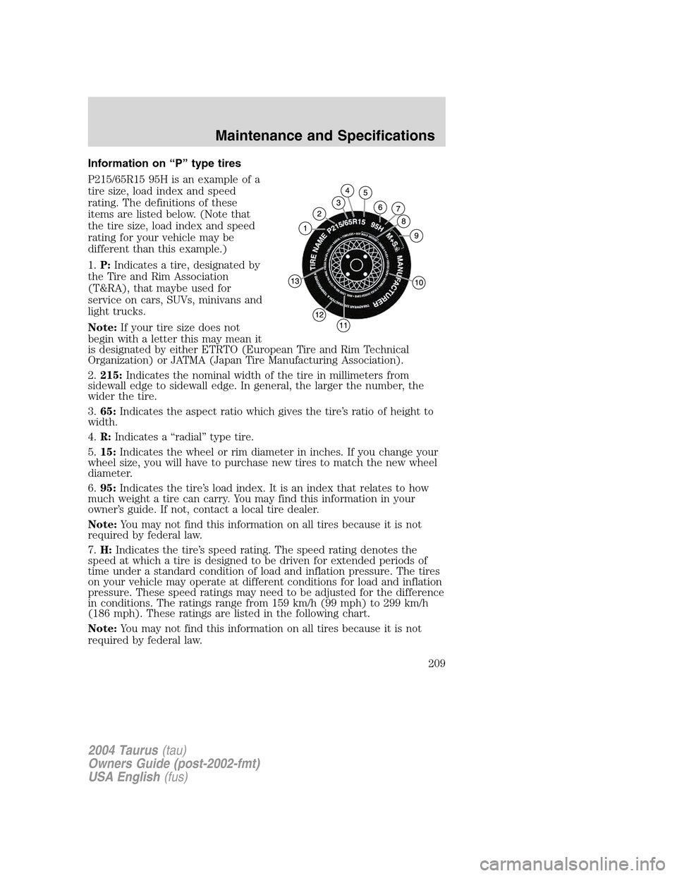 FORD TAURUS 2004 4.G Owners Manual Information on“P”type tires
P215/65R15 95H is an example of a
tire size, load index and speed
rating. The definitions of these
items are listed below. (Note that
the tire size, load index and spee