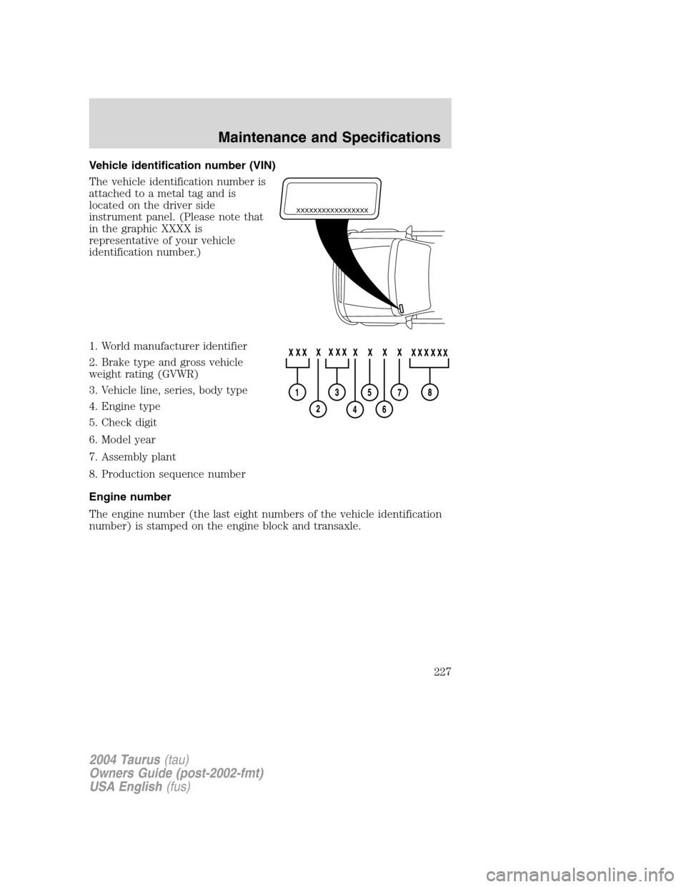 FORD TAURUS 2004 4.G Owners Manual Vehicle identification number (VIN)
The vehicle identification number is
attached to a metal tag and is
located on the driver side
instrument panel. (Please note that
in the graphic XXXX is
representa