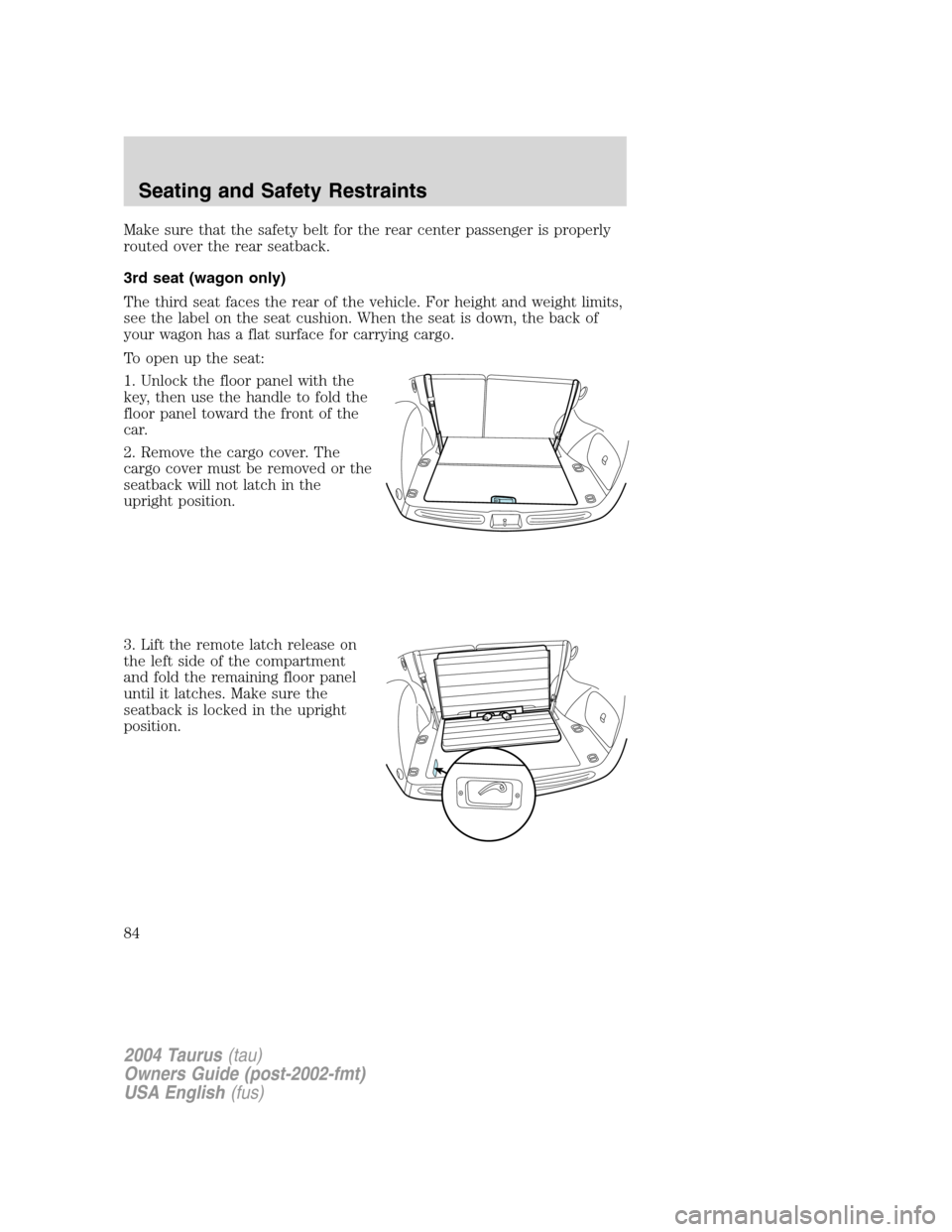 FORD TAURUS 2004 4.G Owners Manual Make sure that the safety belt for the rear center passenger is properly
routed over the rear seatback.
3rd seat (wagon only)
The third seat faces the rear of the vehicle. For height and weight limits