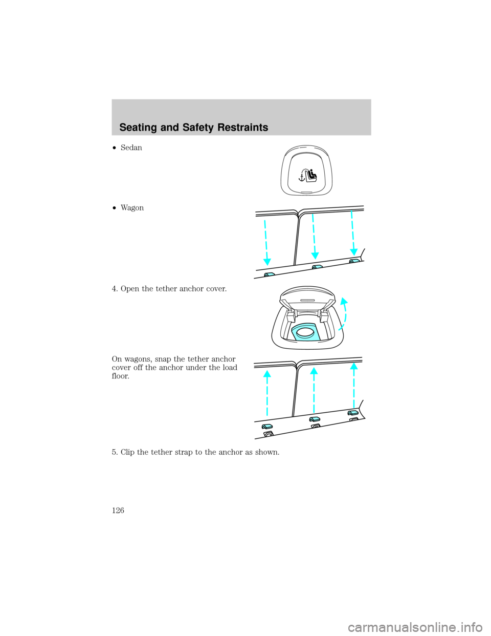 FORD TAURUS 2005 4.G Owners Manual ²Sedan
²Wagon
4. Open the tether anchor cover.
On wagons, snap the tether anchor
cover off the anchor under the load
floor.
5. Clip the tether strap to the anchor as shown.
Seating and Safety Restra FORD TAURUS 2005 4.G Owners Manual ²Sedan
²Wagon
4. Open the tether anchor cover.
On wagons, snap the tether anchor
cover off the anchor under the load
floor.
5. Clip the tether strap to the anchor as shown.
Seating and Safety Restra