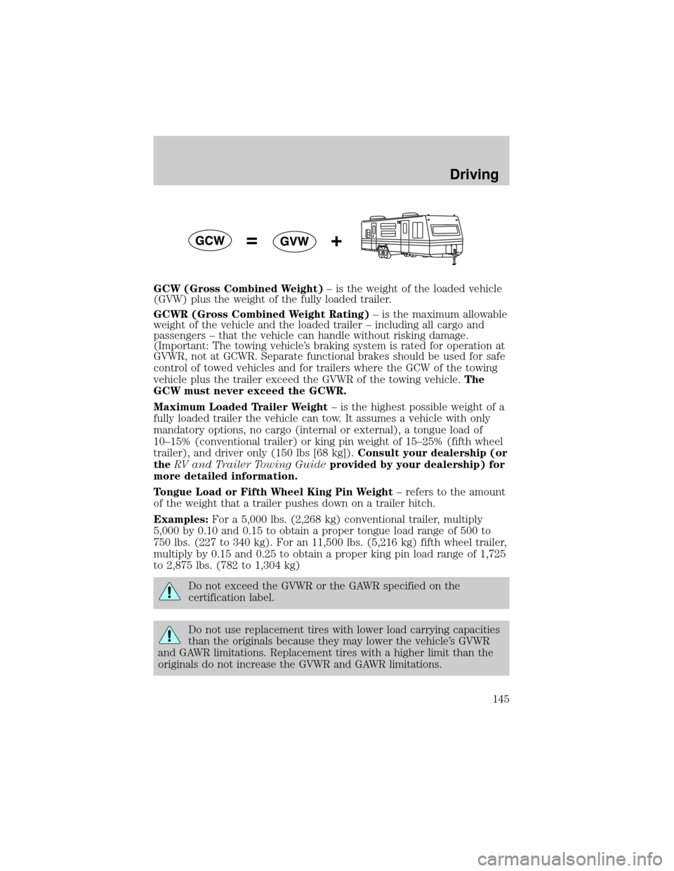 FORD TAURUS 2005 4.G Owners Manual GCW (Gross Combined Weight)± is the weight of the loaded vehicle
(GVW) plus the weight of the fully loaded trailer.
GCWR (Gross Combined Weight Rating)± is the maximum allowable
weight of the vehicl