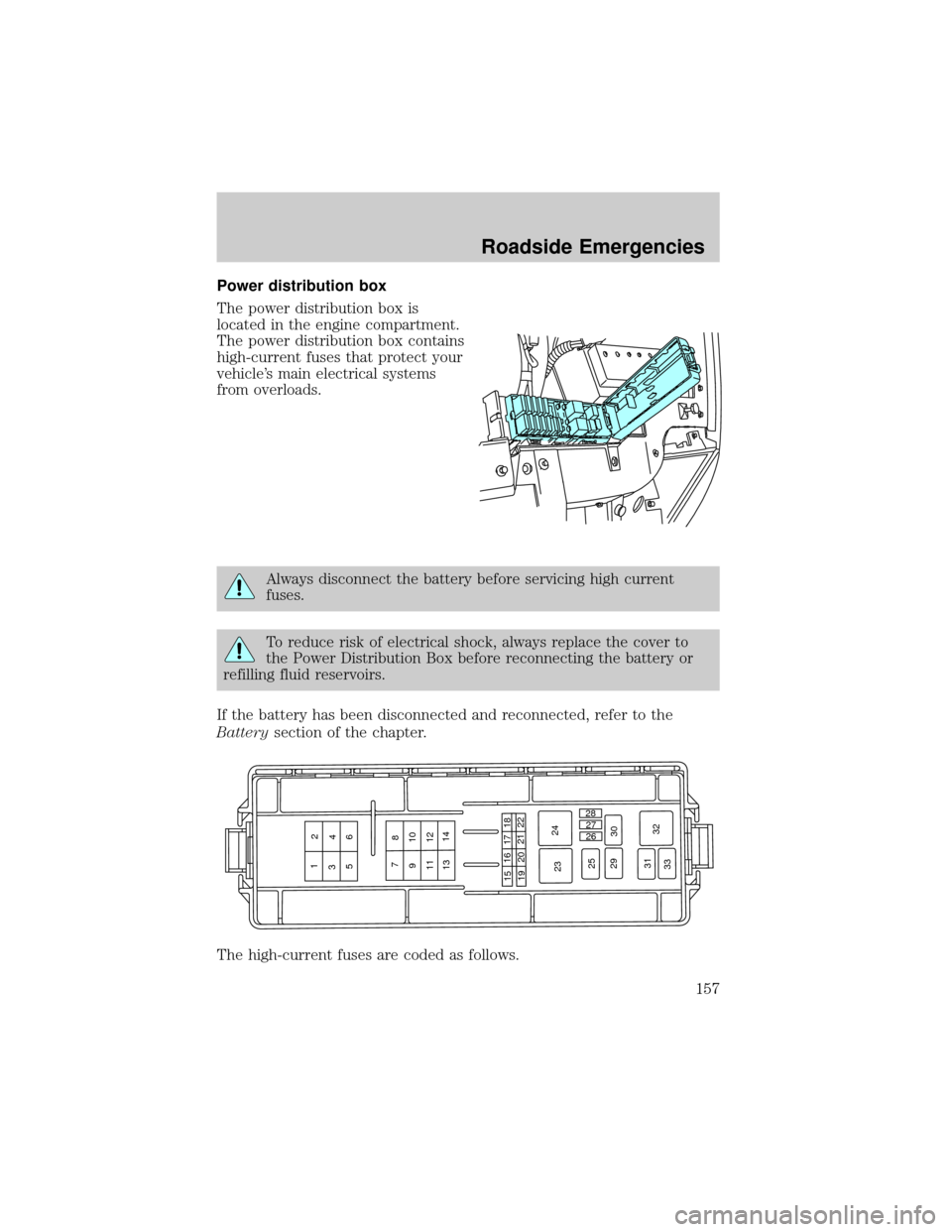 FORD TAURUS 2005 4.G User Guide Power distribution box
The power distribution box is
located in the engine compartment.
The power distribution box contains
high-current fuses that protect your
vehicles main electrical systems
from 