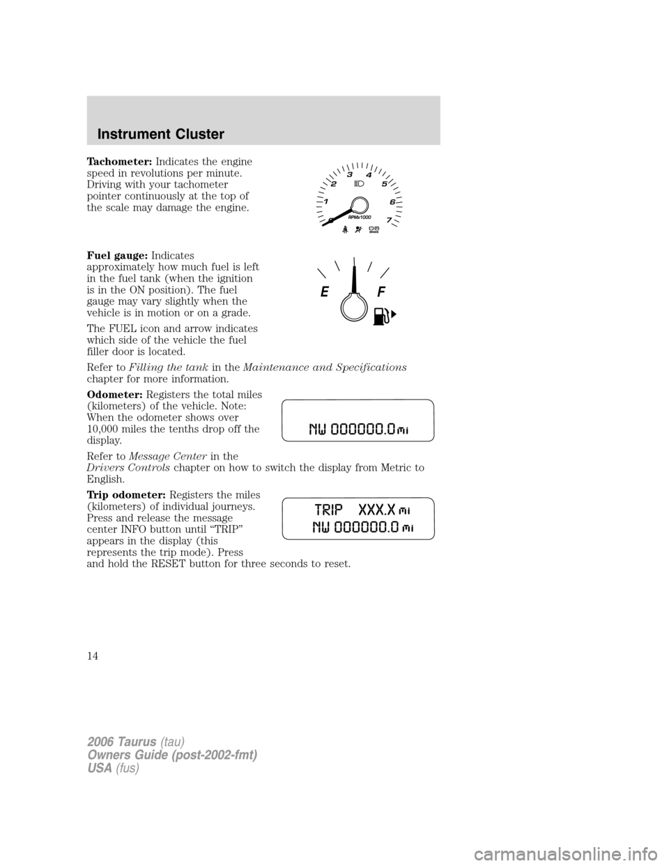 FORD TAURUS 2006 4.G User Guide Tachometer:Indicates the engine
speed in revolutions per minute.
Driving with your tachometer
pointer continuously at the top of
the scale may damage the engine.
Fuel gauge:Indicates
approximately how