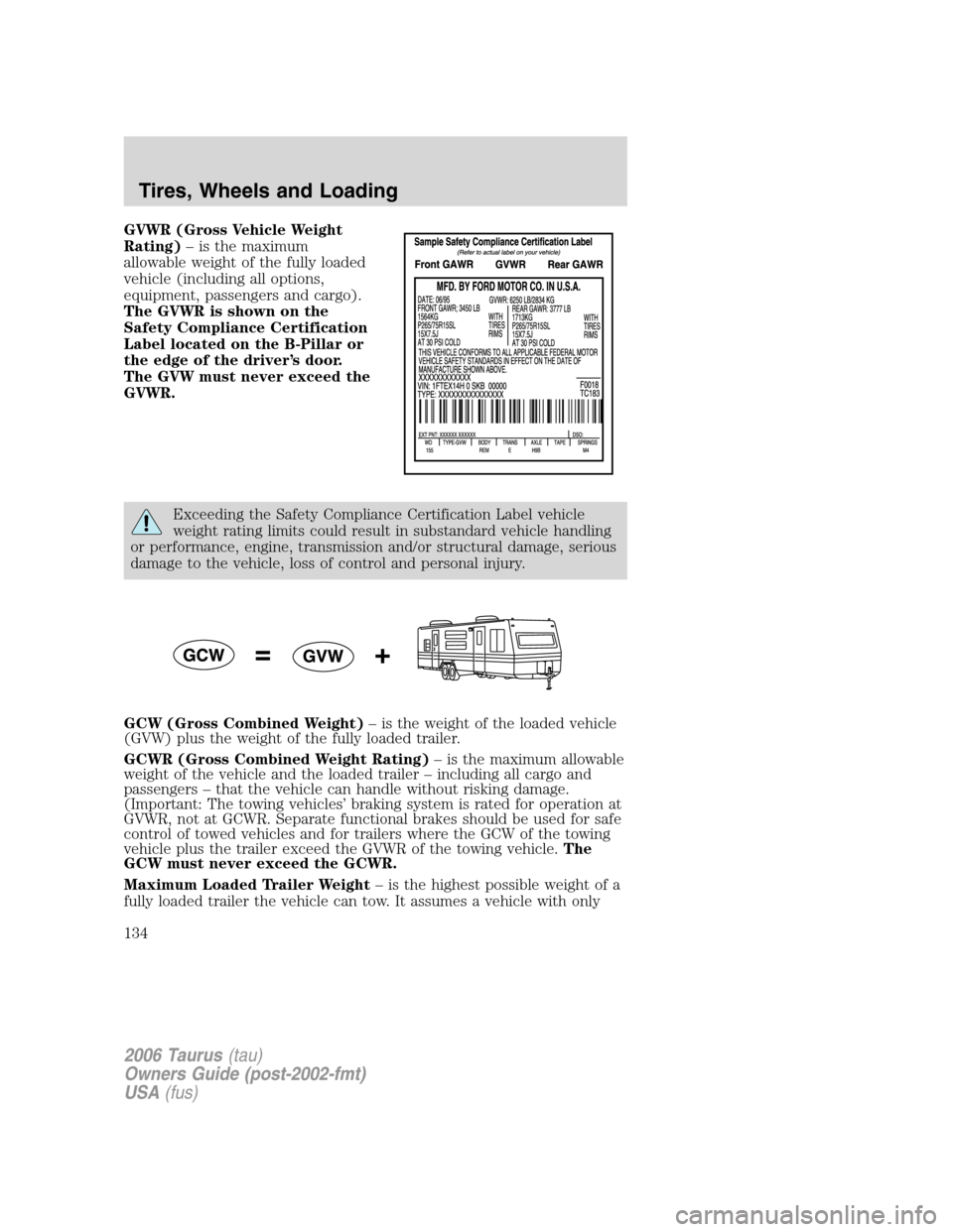 FORD TAURUS 2006 4.G Owners Manual GVWR (Gross Vehicle Weight
Rating)– is the maximum
allowable weight of the fully loaded
vehicle (including all options,
equipment, passengers and cargo).
The GVWR is shown on the
Safety Compliance C FORD TAURUS 2006 4.G Owners Manual GVWR (Gross Vehicle Weight
Rating)– is the maximum
allowable weight of the fully loaded
vehicle (including all options,
equipment, passengers and cargo).
The GVWR is shown on the
Safety Compliance C