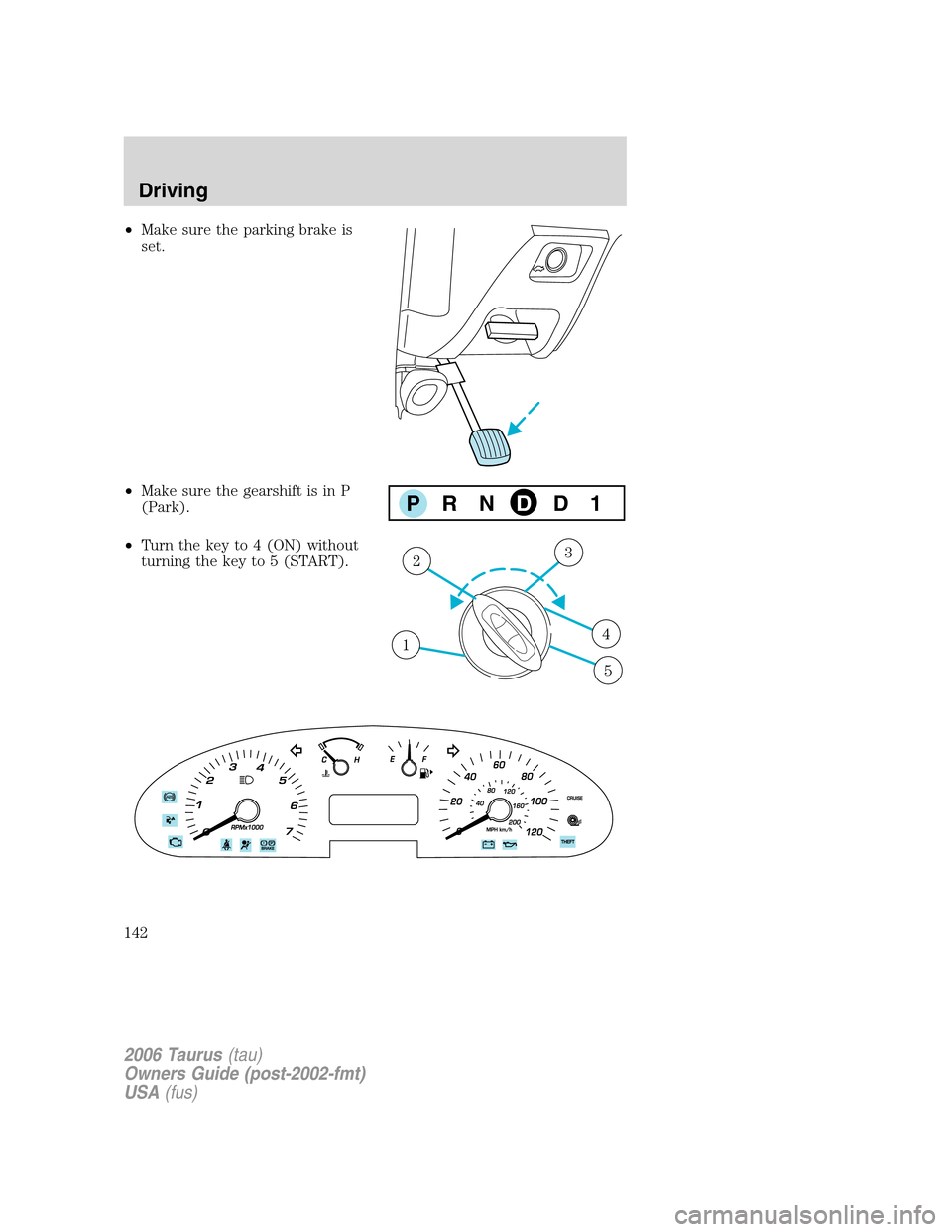 FORD TAURUS 2006 4.G Owners Manual •Make sure the parking brake is
set.
•Make sure the gearshift is in P
(Park).
•Turn the key to 4 (ON) without
turning the key to 5 (START).
PRNDD1
1
23
4
5
2006 Taurus(tau)
Owners Guide (post-20