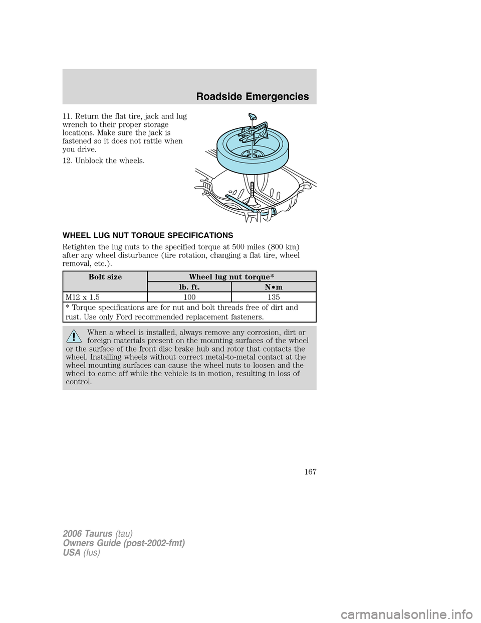 FORD TAURUS 2006 4.G Owners Manual 11. Return the flat tire, jack and lug
wrench to their proper storage
locations. Make sure the jack is
fastened so it does not rattle when
you drive.
12. Unblock the wheels.
WHEEL LUG NUT TORQUE SPECI FORD TAURUS 2006 4.G Owners Manual 11. Return the flat tire, jack and lug
wrench to their proper storage
locations. Make sure the jack is
fastened so it does not rattle when
you drive.
12. Unblock the wheels.
WHEEL LUG NUT TORQUE SPECI
