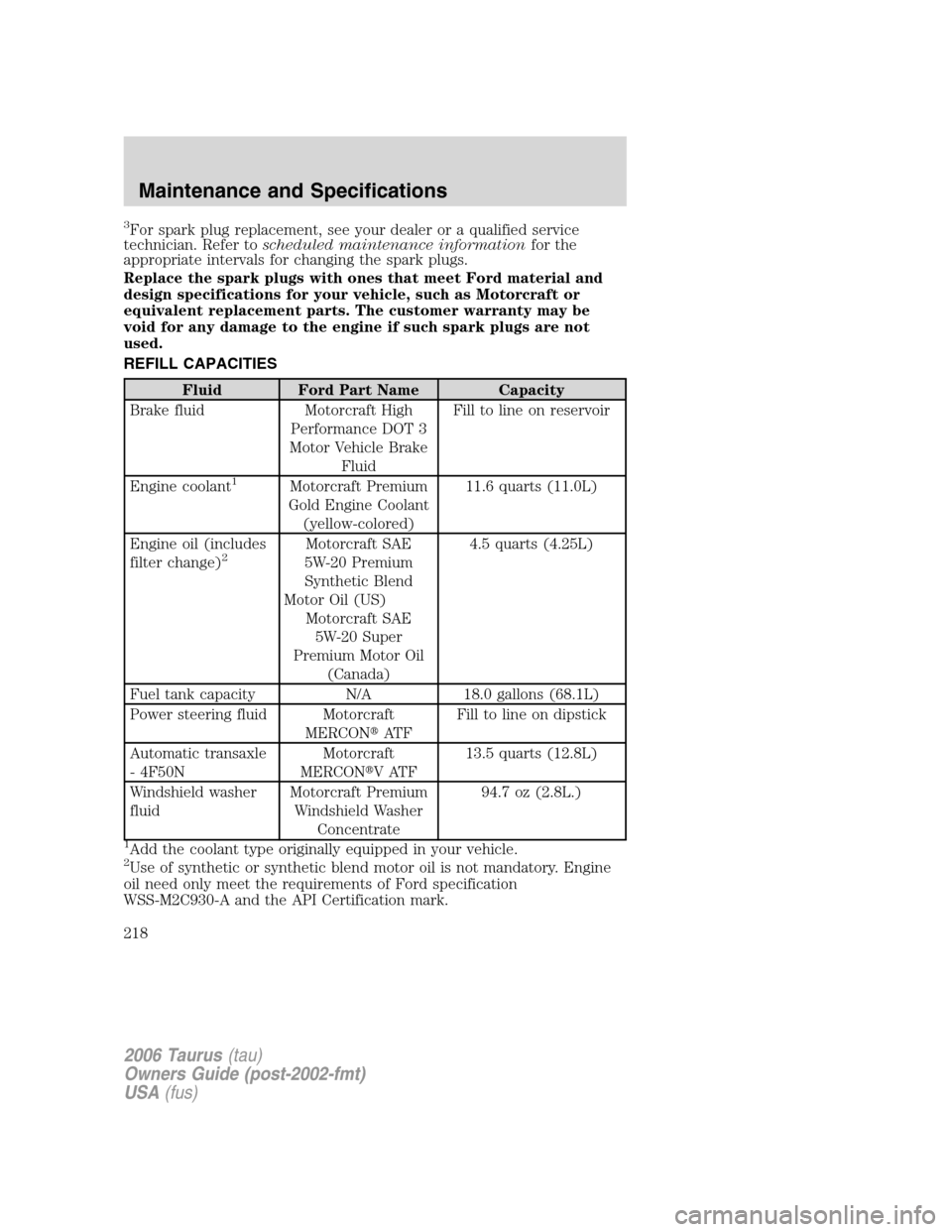 FORD TAURUS 2006 4.G Owners Manual 3For spark plug replacement, see your dealer or a qualified service
technician. Refer toscheduled maintenance informationfor the
appropriate intervals for changing the spark plugs.
Replace the spark p