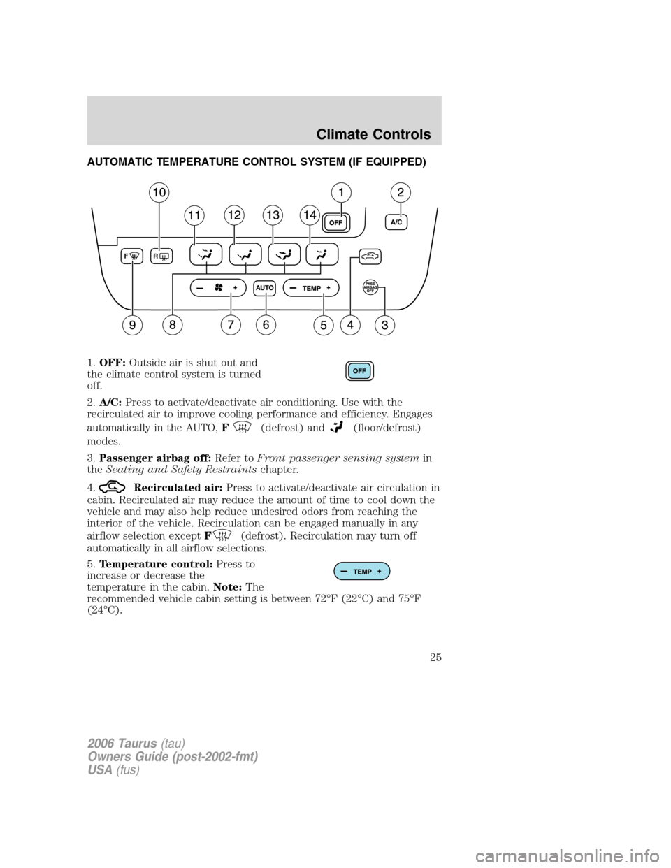 FORD TAURUS 2006 4.G Owners Manual AUTOMATIC TEMPERATURE CONTROL SYSTEM (IF EQUIPPED)
1.OFF:Outside air is shut out and
the climate control system is turned
off.
2.A/C:Press to activate/deactivate air conditioning. Use with the
recircu