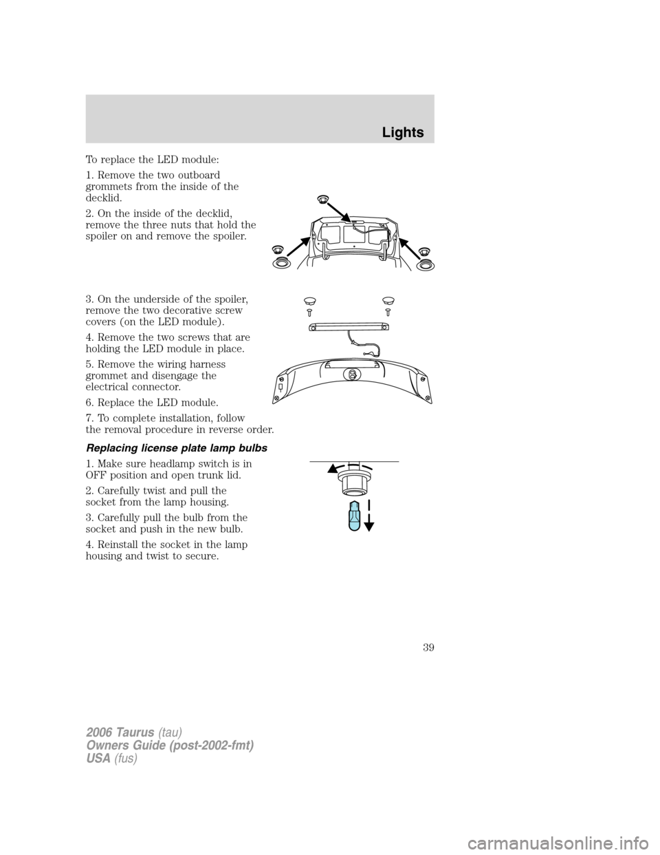 FORD TAURUS 2006 4.G Owners Guide To replace the LED module:
1. Remove the two outboard
grommets from the inside of the
decklid.
2. On the inside of the decklid,
remove the three nuts that hold the
spoiler on and remove the spoiler.
3