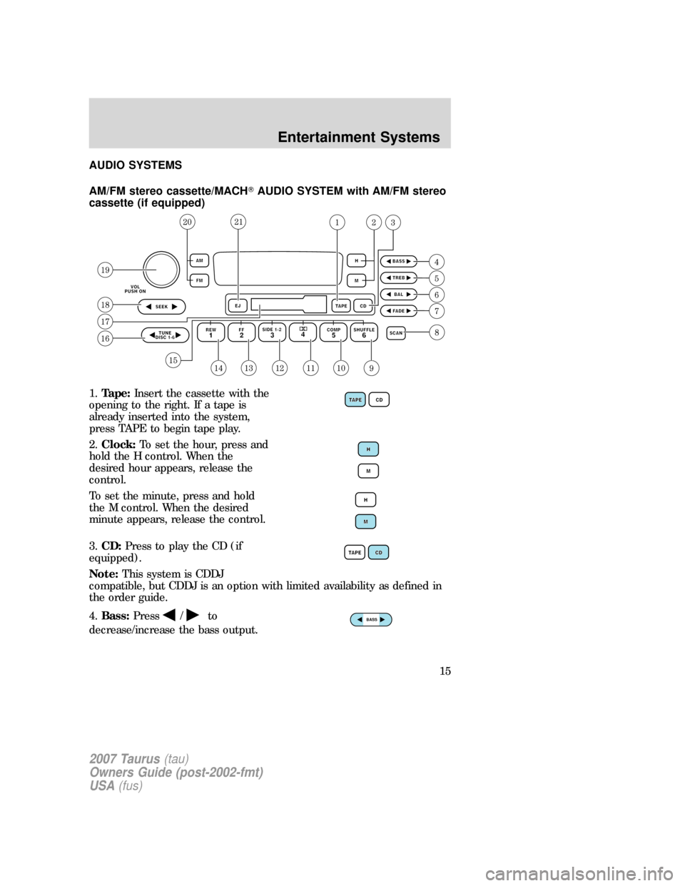 FORD TAURUS 2007 4.G User Guide AUDIO SYSTEMS
AM/FM stereo cassette/MACHAUDIO SYSTEM with AM/FM stereo
cassette (if equipped)
1.Tape:Insert the cassette with the
opening to the right. If a tape is
already inserted into the system,
