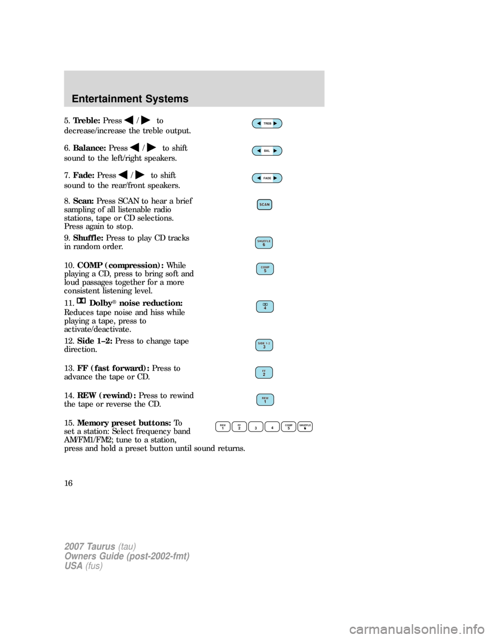 FORD TAURUS 2007 4.G Owners Manual 5.Treble:Press/to
decrease/increase the treble output.
6.Balance:Press
/to shift
sound to the left/right speakers.
7.Fade:Press
/to shift
sound to the rear/front speakers.
8.Scan:Press SCAN to hear a 