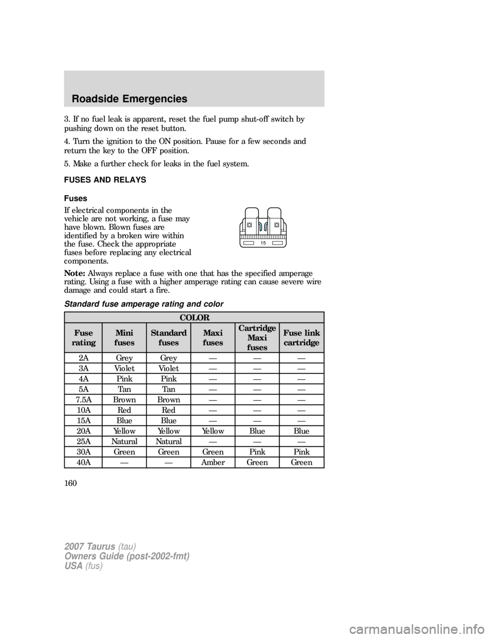 FORD TAURUS 2007 4.G Owners Manual 3. If no fuel leak is apparent, reset the fuel pump shut-off switch by
pushing down on the reset button.
4. Turn the ignition to the ON position. Pause for a few seconds and
return the key to the OFF 