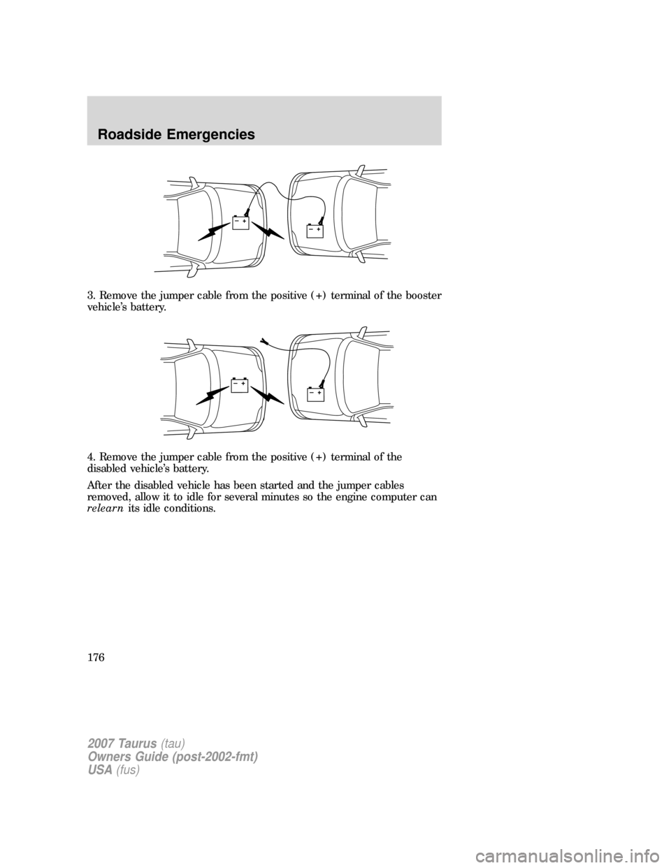 FORD TAURUS 2007 4.G Owners Manual 3. Remove the jumper cable from the positive (+) terminal of the booster
vehicle’s battery.
4. Remove the jumper cable from the positive (+) terminal of the
disabled vehicle’s battery.
After the d