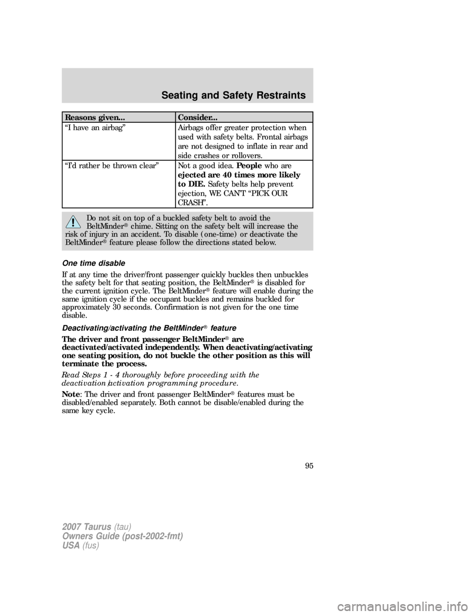 FORD TAURUS 2007 4.G Owners Manual Reasons given... Consider...
“I have an airbag” Airbags offer greater protection when
used with safety belts. Frontal airbags
are not designed to inflate in rear and
side crashes or rollovers.
“