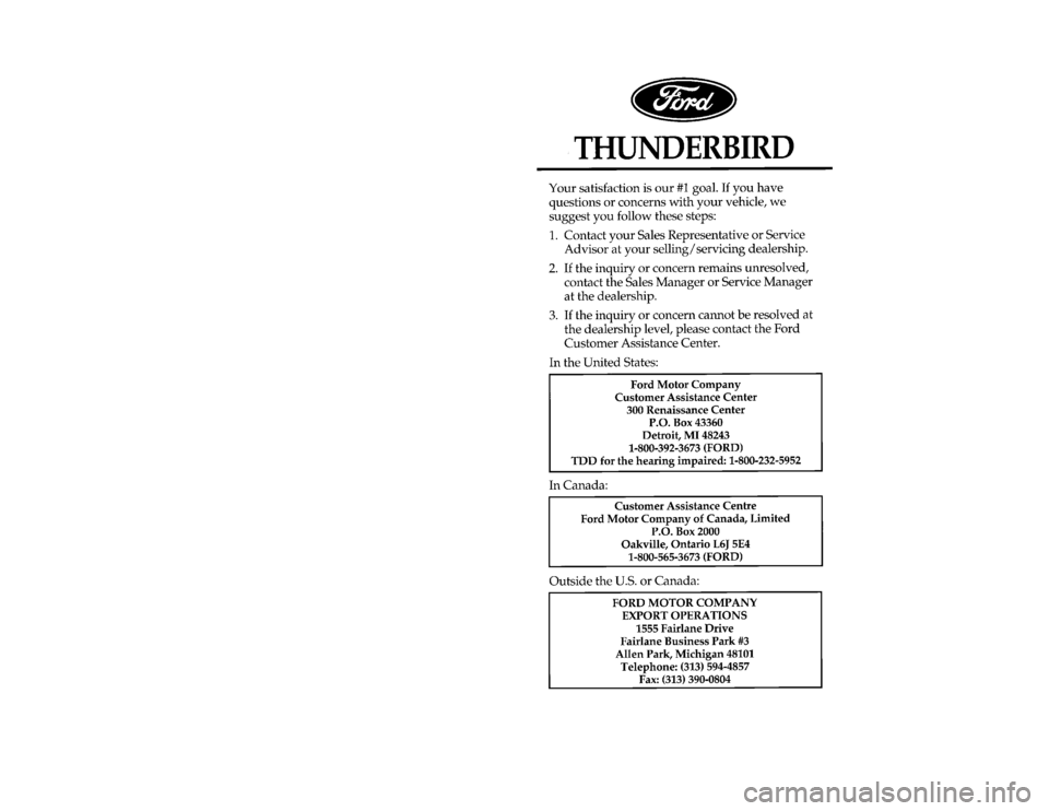 FORD THUNDERBIRD 1996 10.G Owners Manual 