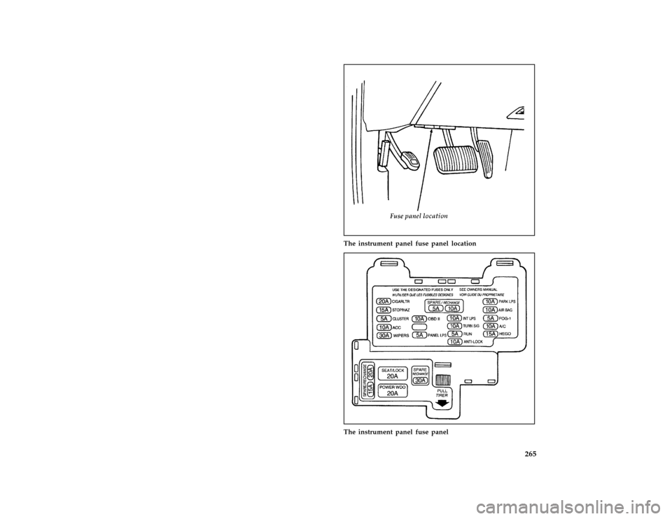 FORD THUNDERBIRD 1996 10.G Owners Manual 265 [SV36800( BC )07/93]
half page art:0010412-B
The instrument panel fuse panel location
[SV37300( BC )11/93]
half page art:0010413-C
The instrument panel fuse panel
File:rcsvb.ex
Update:Mon Feb 19 1