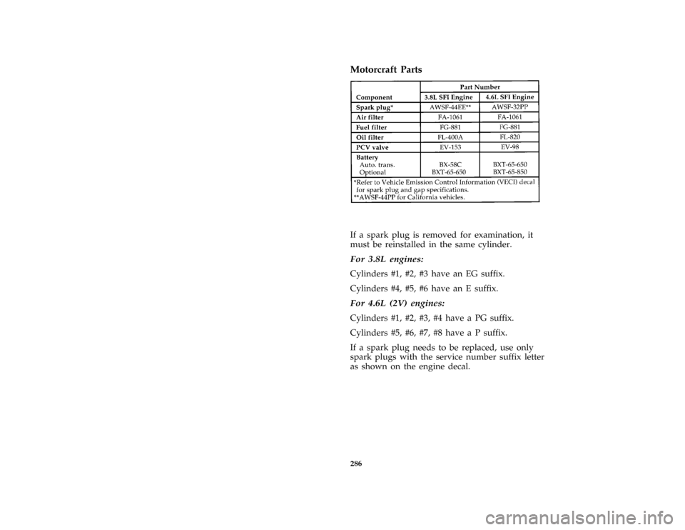 FORD THUNDERBIRD 1996 10.G Owners Manual 286 %
*
[SV54600( ALL)10/95]
Motorcraft Parts
[SV54850( BC )03/95]
fourteen pica chart:0010452-M[SV55000( ALL)09/94]
If a spark plug is removed for examination, it
must be reinstalled in the same cyli