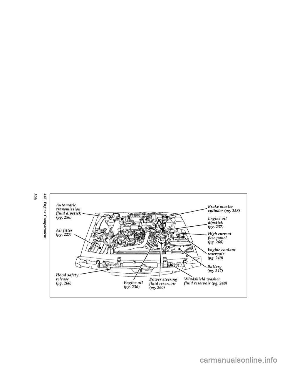 FORD THUNDERBIRD 1996 10.G Owners Manual 306 [QI03000( B )05/95]
full page art:0011124-C4.6L Engine Compartment
File:rcqib.ex
Update:Mon Feb 19 10:44:04 1996 